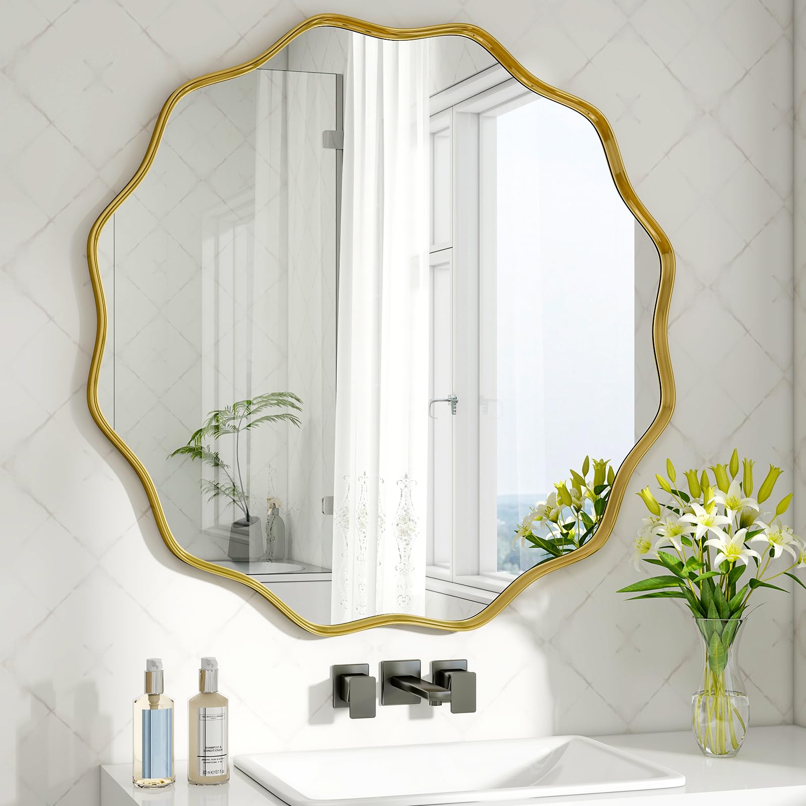 BEAUTYPEAK Round Mirror 60 cm, Wall Mirror with Wavy Edge, Aluminium Frame, Round Mirror for Hanging and Leaning, for Bedroom, Bathroom, Hallway, Gold