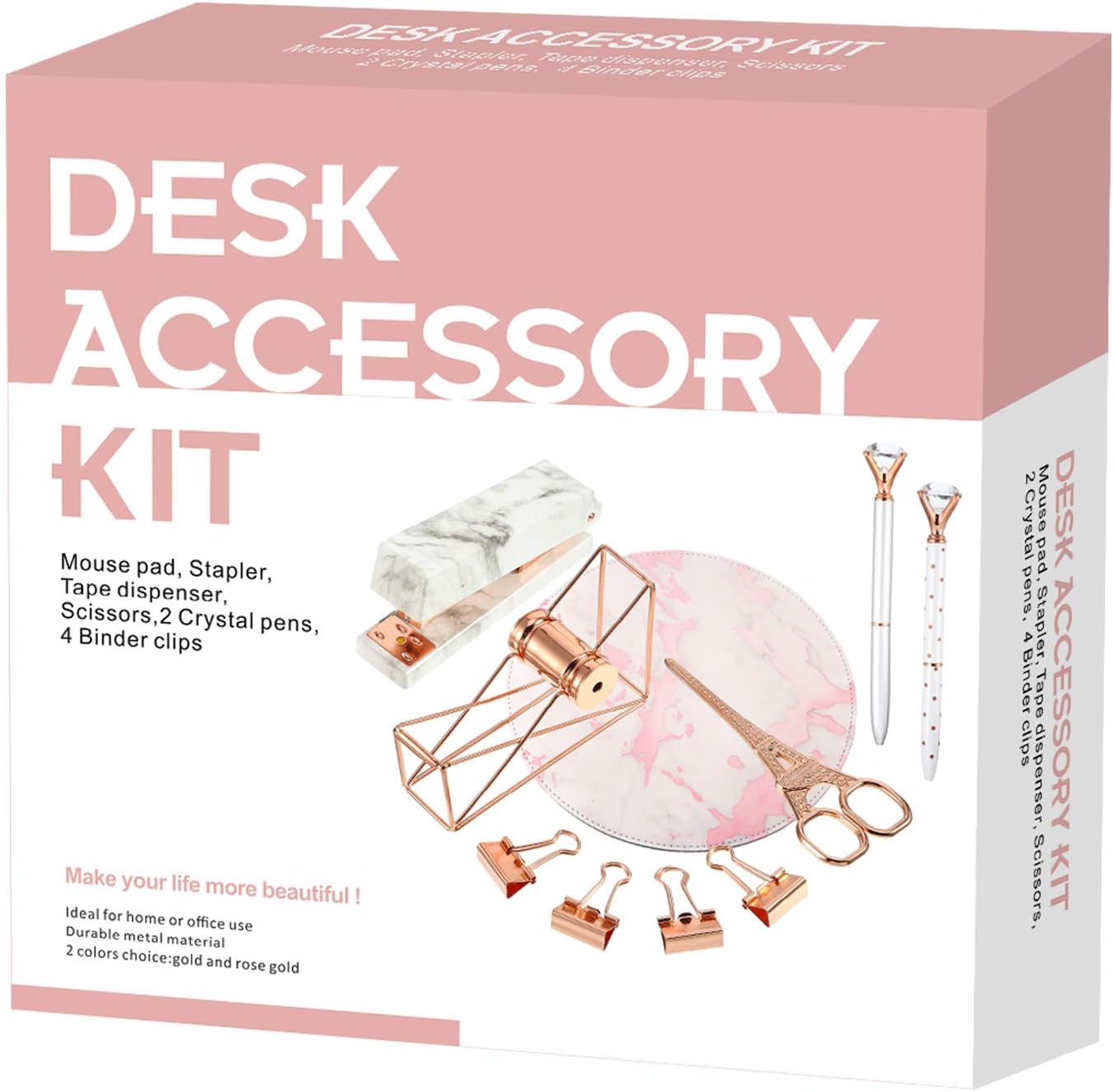 TOODOO Desk Accessory Organization Kit, Set of Stapler, Mouse Pad, Tape Dispenser, Crystal Pens, Scissors and More Table Accessaries (Rose Gold, 10 Pieces)