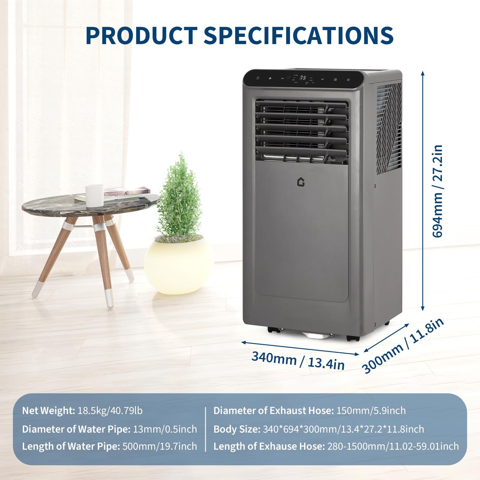 Aire acondicionado portátil de 8000 BTU con control remoto, unidad de CA silenciosa 4 en 1, deshumidificador y ventilador para habitaciones de 350 pies cuadrados. Incluye kit de ventana, temporizador 2