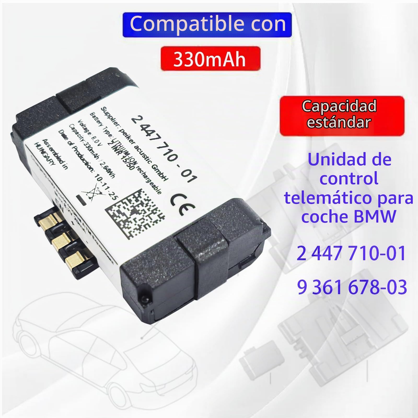 Modelo 710 BMW 2 447 710-01, 9 361 678-03 batería de Repuesto Compatible con Unidad de Control telemática (330 mAh) BMW F57, G32, M5 F90, G30, G31, G21, G28, X3 F25, X3 G01, X: 1