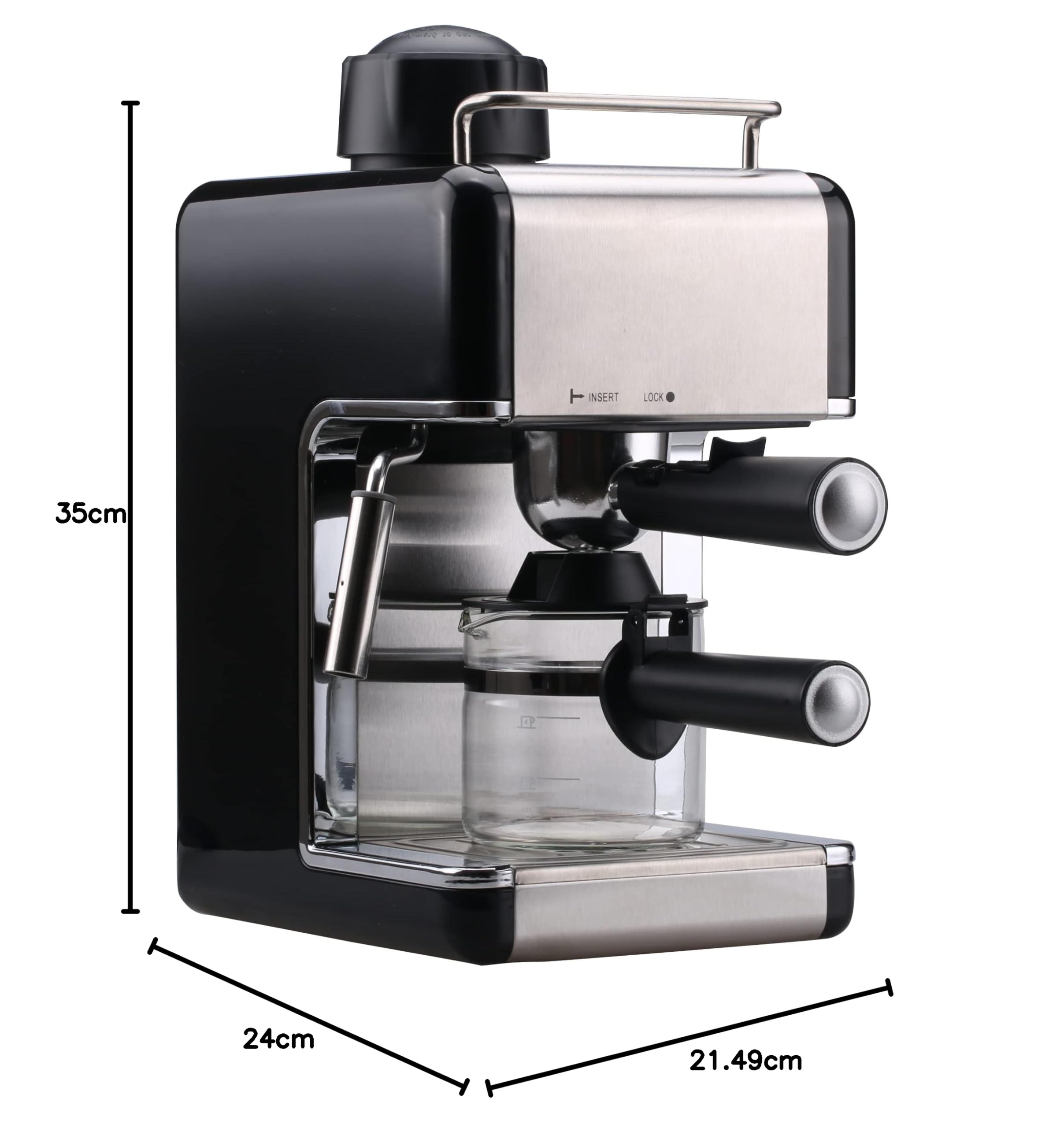SILVANO Cafetera Espreso de 800 W - Jarra 240 ml con Medidor de Agua - Capacidad de 2 a 4 Tazas - Función Capuchino - Mango Portafiltro - Bandeja Extraíble - Presión 3,5 Bar