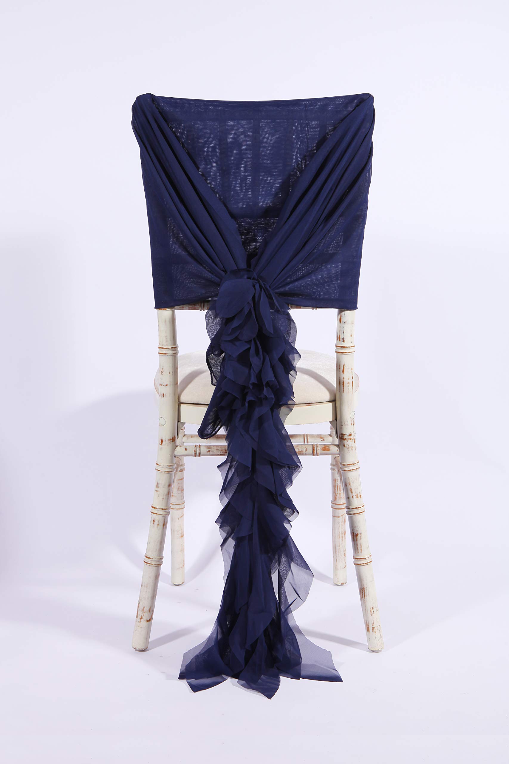 LUXURY CHIFFON HOODS WITH RUFFLES DECOR CHAIR COVER SASH WEDDING PARTY EVENTS (Navy, 10 Pcs)