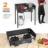 Vista 4 de ROVSUN Estufa de camping al aire libre de 2 quemadores con panel de viento, quemador de propano de 150,000 BTU, cocina de gas con patas desmontables