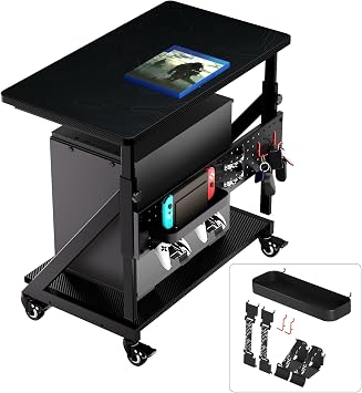 JWX Gaming Computer Tower Stand, 5-Step Height Adjustment Side Desk & Side Table with Power Organize, 2-Tier Case CPU Holder Gift Cart with Rolling Wheels, Upgrade Storage Kit *7 & Mouse Pad, Black