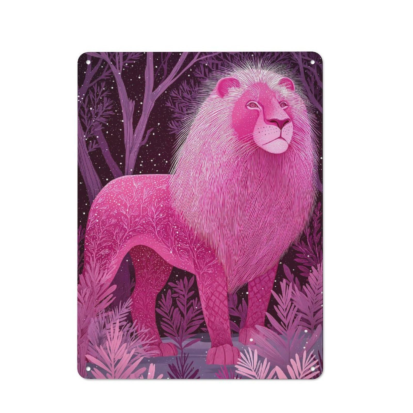 Rustic Vintage Metal Sign 40x30cm Featuring Pink Lion in A Forest Illustration, Home Bar Decor for Cafe, Pub, Workshop Or Home Bar