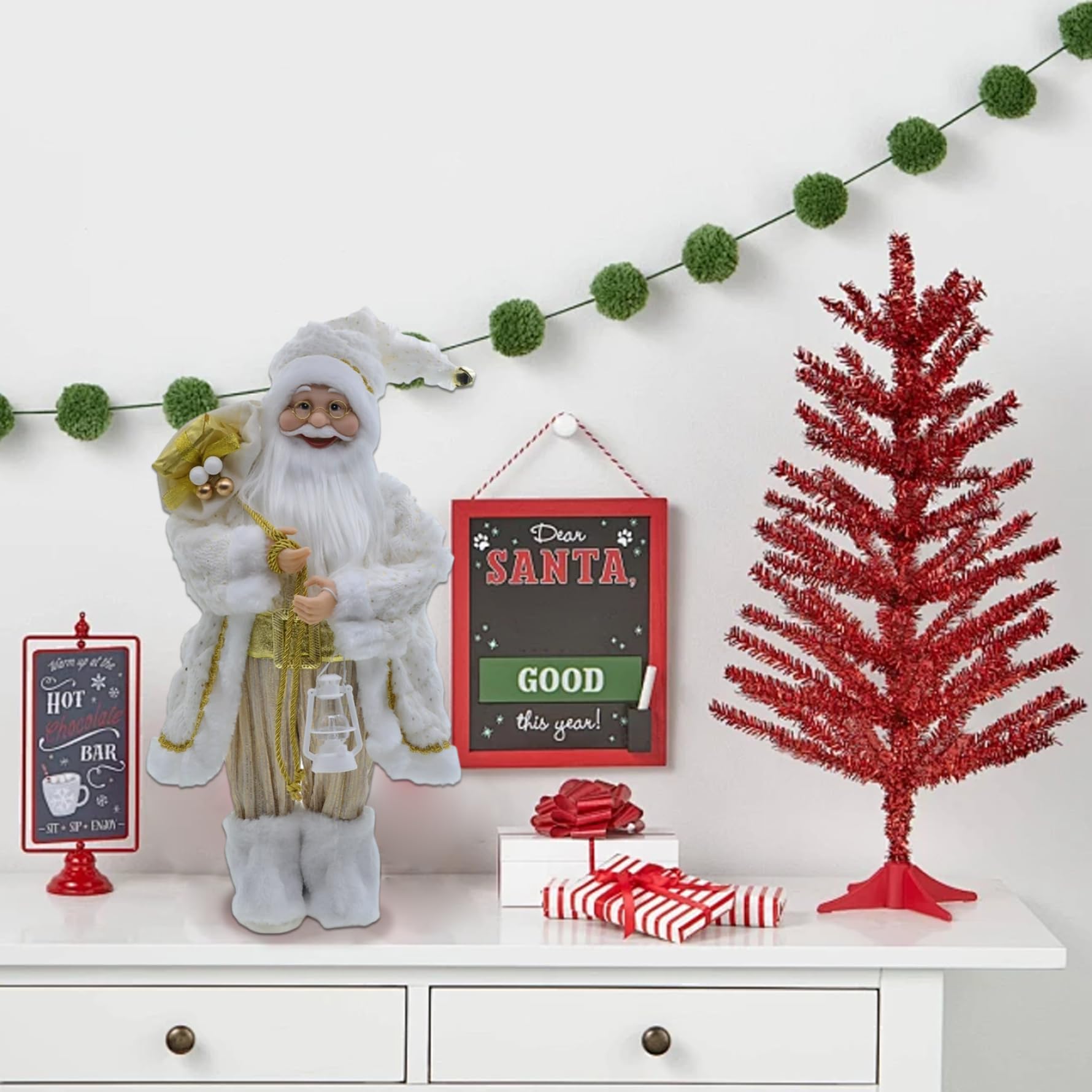Gcroet Figurine di Babbo Natale Figurine di Natale in piedi da 18 pollici con vestiti dorati e bianchi per decorazioni per la casa per feste da tavolo, mensole del camino, Vecchio.