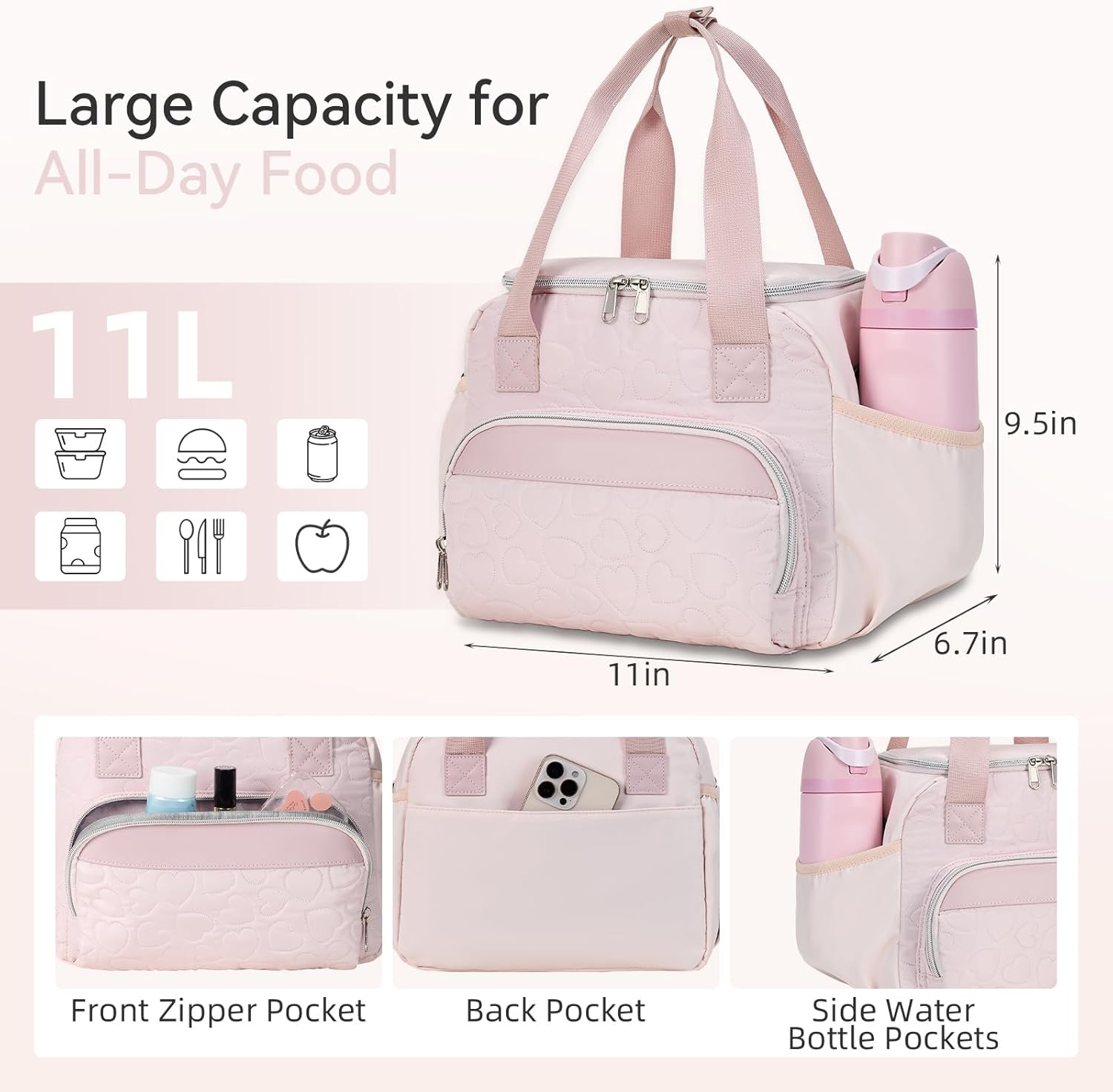 holuxer Insulated Lunch Bags for Women - Large Reusable Leakproof Cute Lunch Box for Adult, Portable Cooler Tote Bag for Work Picnic Meal Prep (Light Pink)