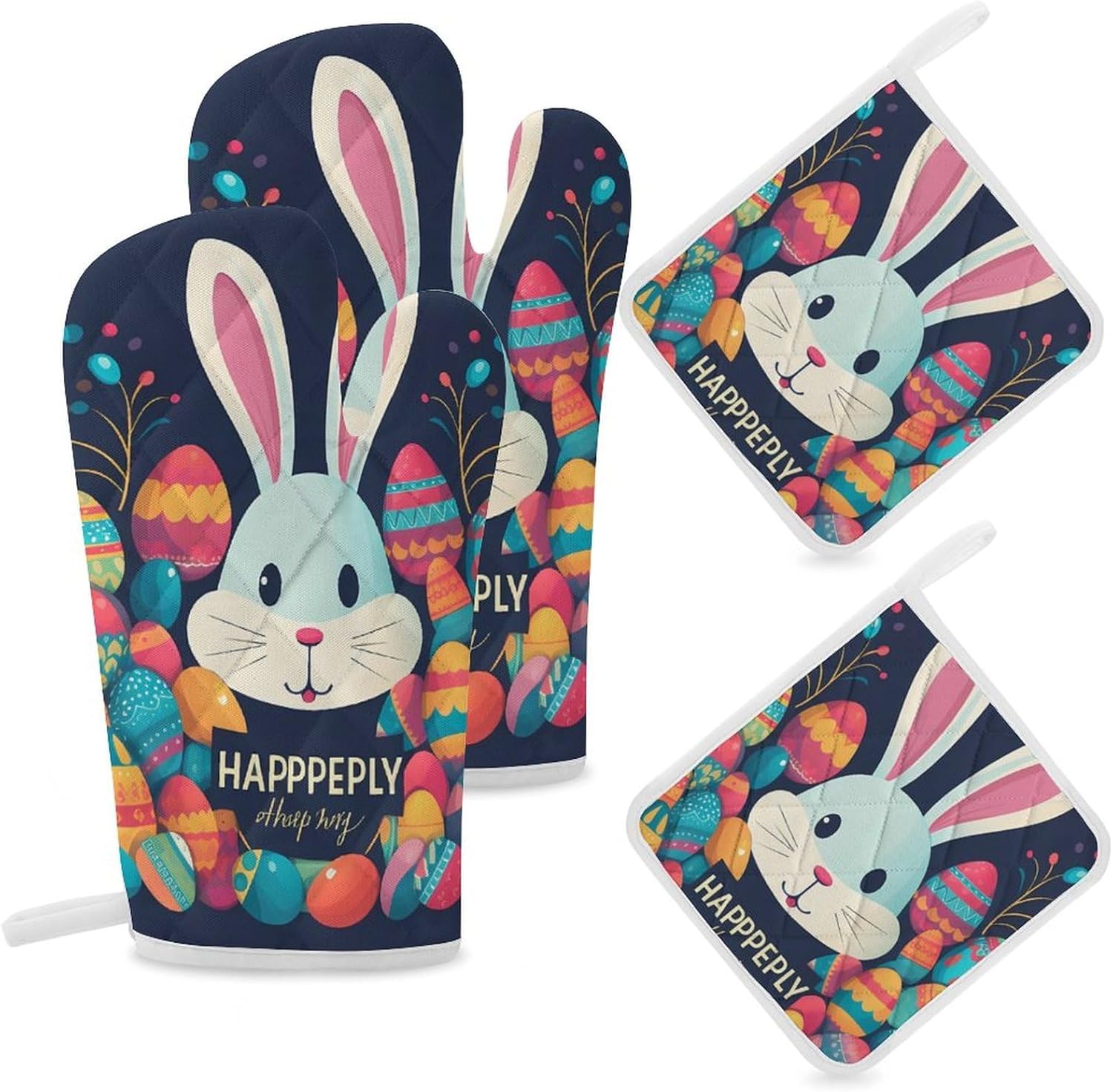 Happy Easter Eggs Rabbit 4 Pcs Oven Mitts and Pot Holders Set High Heat Resistant Long Kitchen Oven Glove Potholders