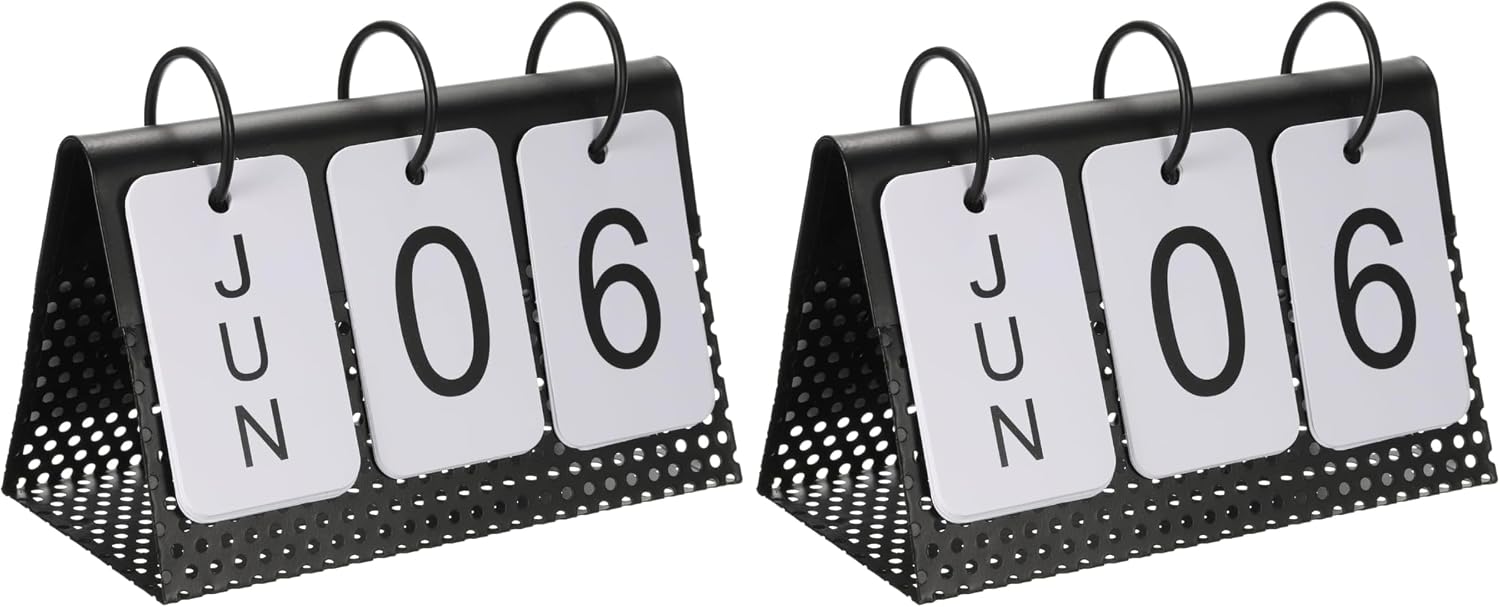 PATIKIL Vintage Wood Perpetual Calendar, Flip Calendar Turn Page Month Date Display for Desk Office Home Decoration Style 1, Black (Pack of 2)