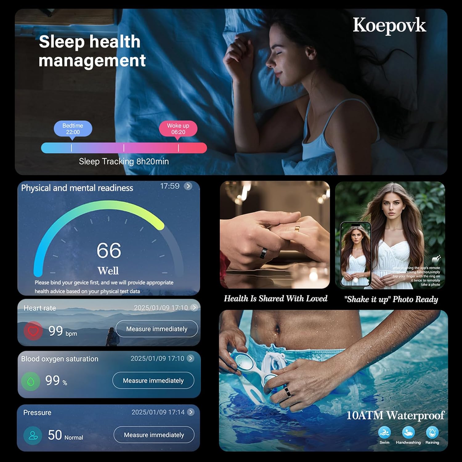 Smart Ring, Size First, Health Ring No App Subscription, Women’s Health, Heart Rate, Blood Oxygen, Fitness Monitor, Sleep Tracker, Up to 7-Day Battery, Smart Rings for Men/Women BJ02 (Black, 8)