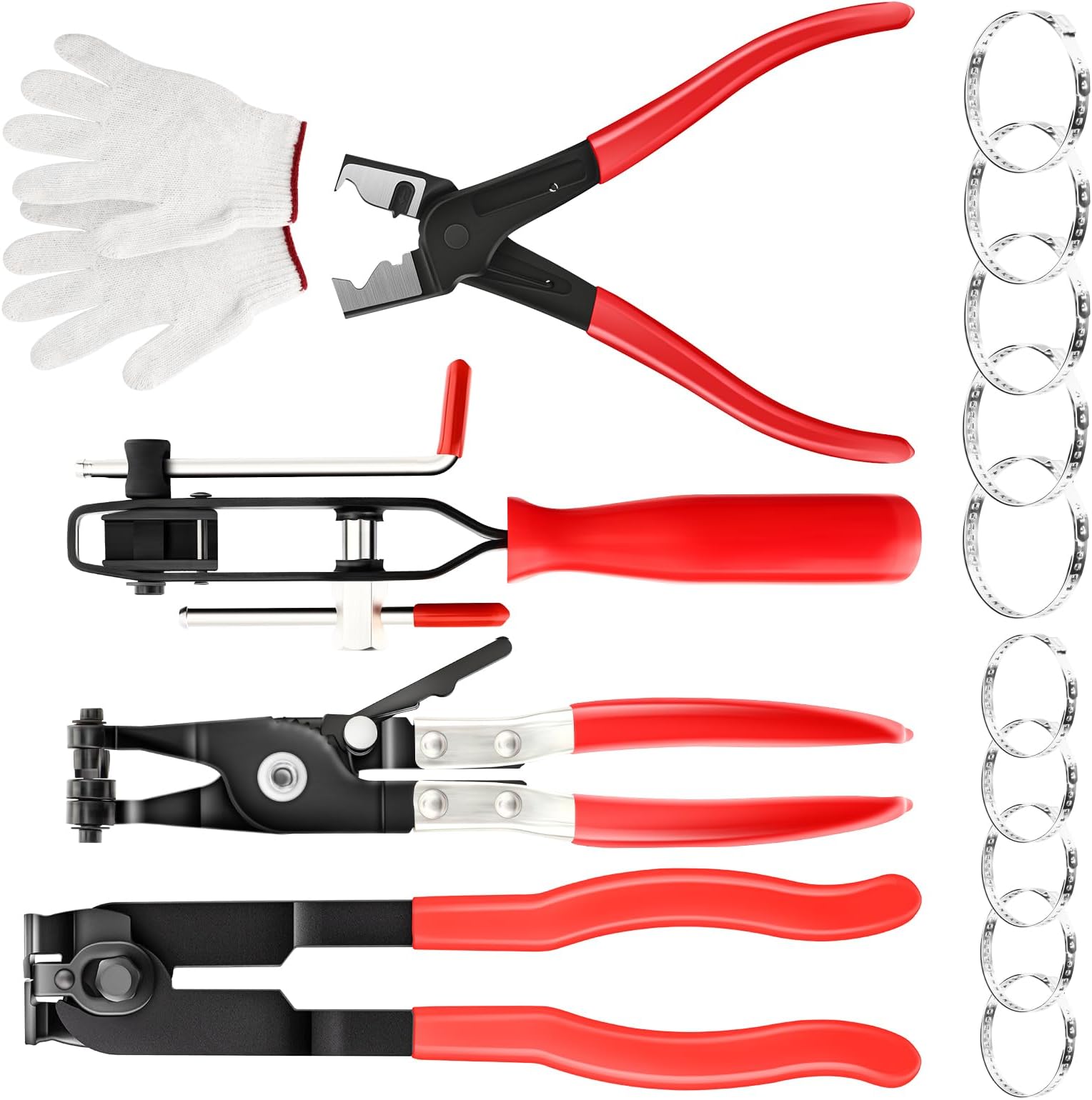 - 4Pcs Hose Clamp Pliers Set, CV Boot Clamp Pliers, C Clip Pliers with 10psc Hose Clamps and Gloves