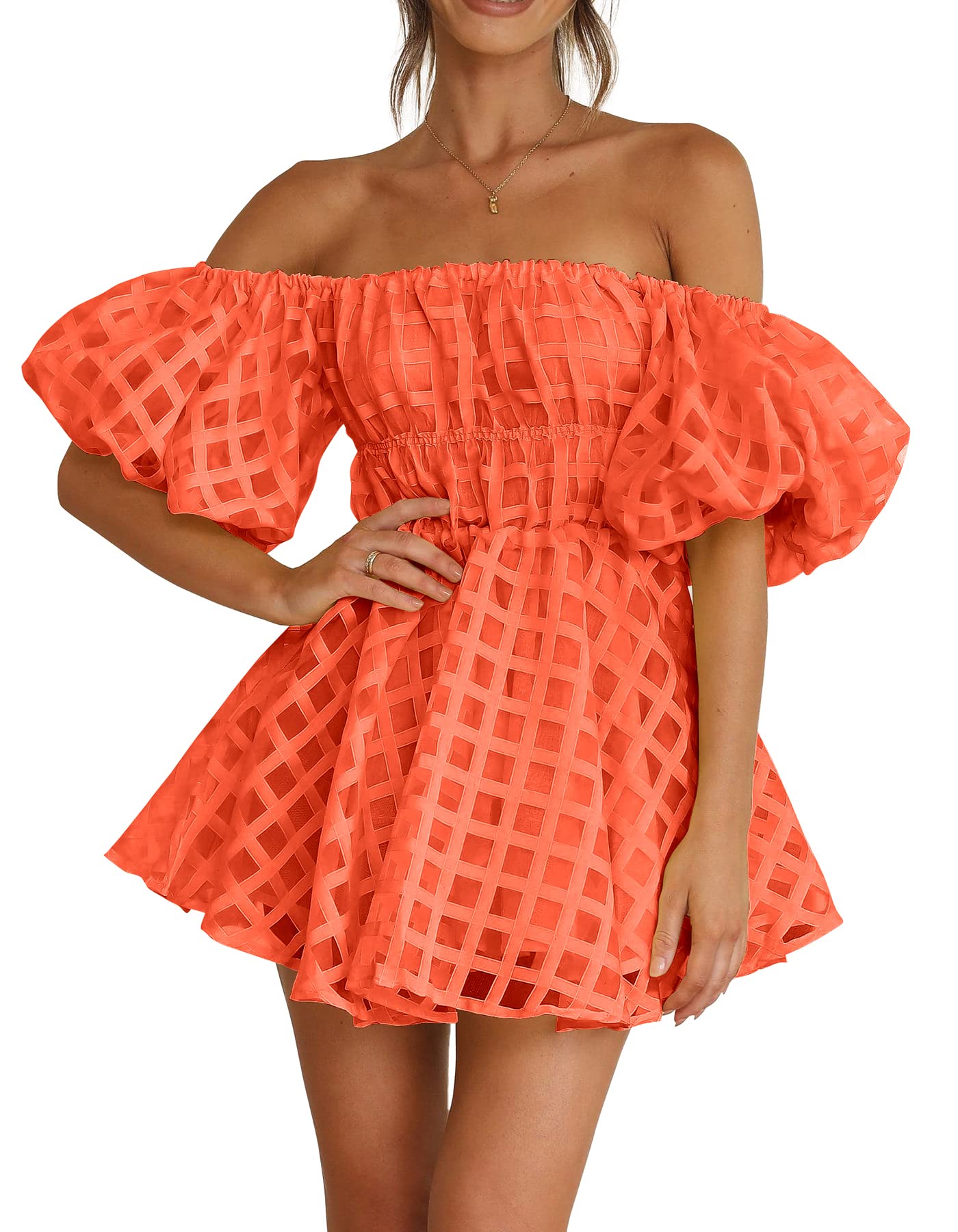 PRETTYGARDEN Women's Off The Shoulder Babydoll Dress Short Puff Sleeve Casual A Line Ruffle Summer Dresses