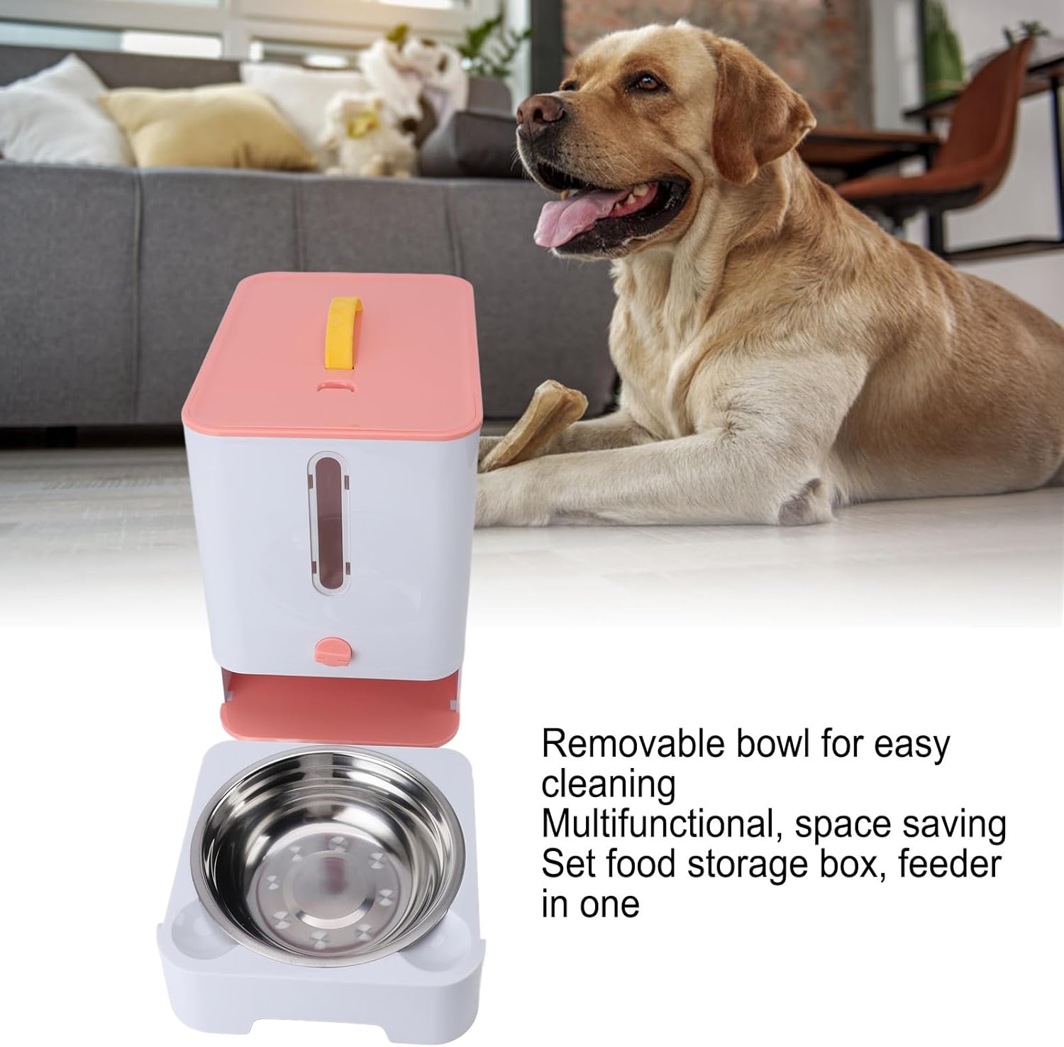 Multifunctional Pet Food Storage Box, 11.02X10.63X7.48in Large Capacity, with Removable Stainless Steel Bowl, ABS and Metal Build, for Cat Dog Treats Feeding (Pink)