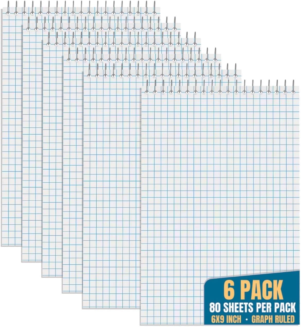 1InTheOffice Graph Paper Notepad 6" x 9", Quad Ruled Spiral Steno Note Pad 6x9, White, 80 Sheets/Pad, 6 Pads/Pack