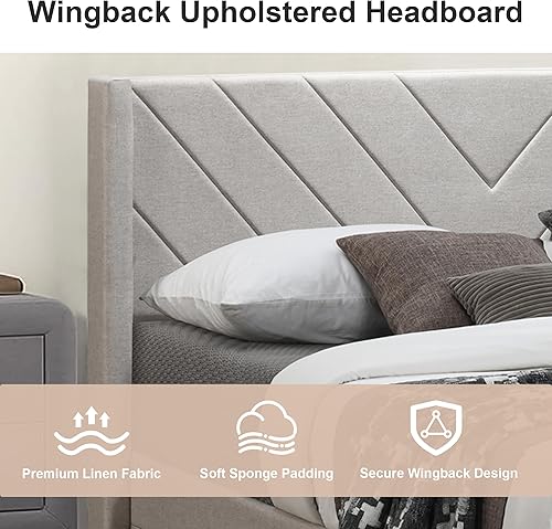 Miniatura 4 de LUCKYERMORE Base de cama tamaño Queen tapizada con cabecera con respaldo de ala, base de colchón de tamaño matrimonial con soporte de listones de