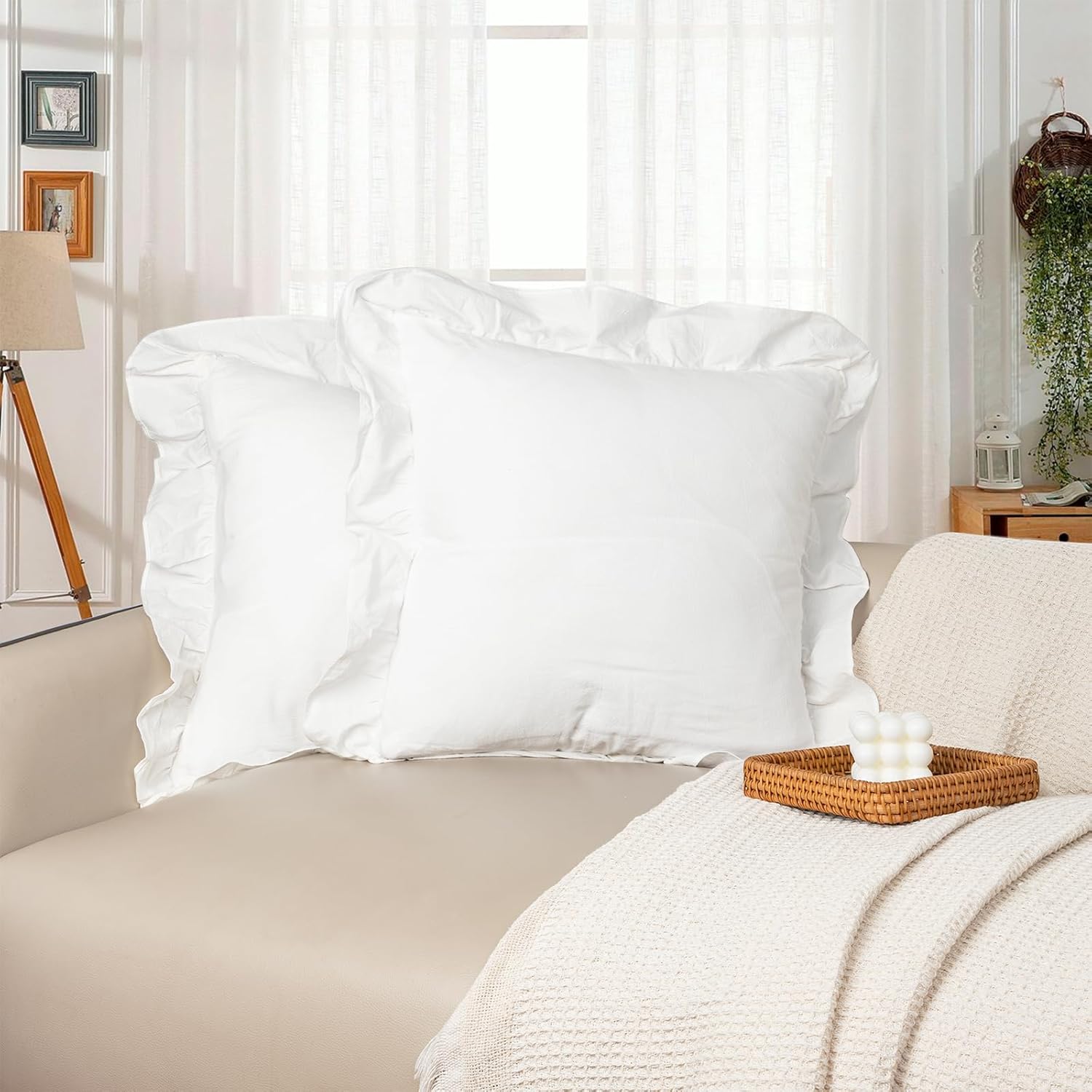 JoraLion 26x26 inch Scalloped Cotton Pillow Covers White, Farmhouse Ruffle Solid Pure Cotton Decor for Sofa Bed Couch, Set of 2, Covers ONLY