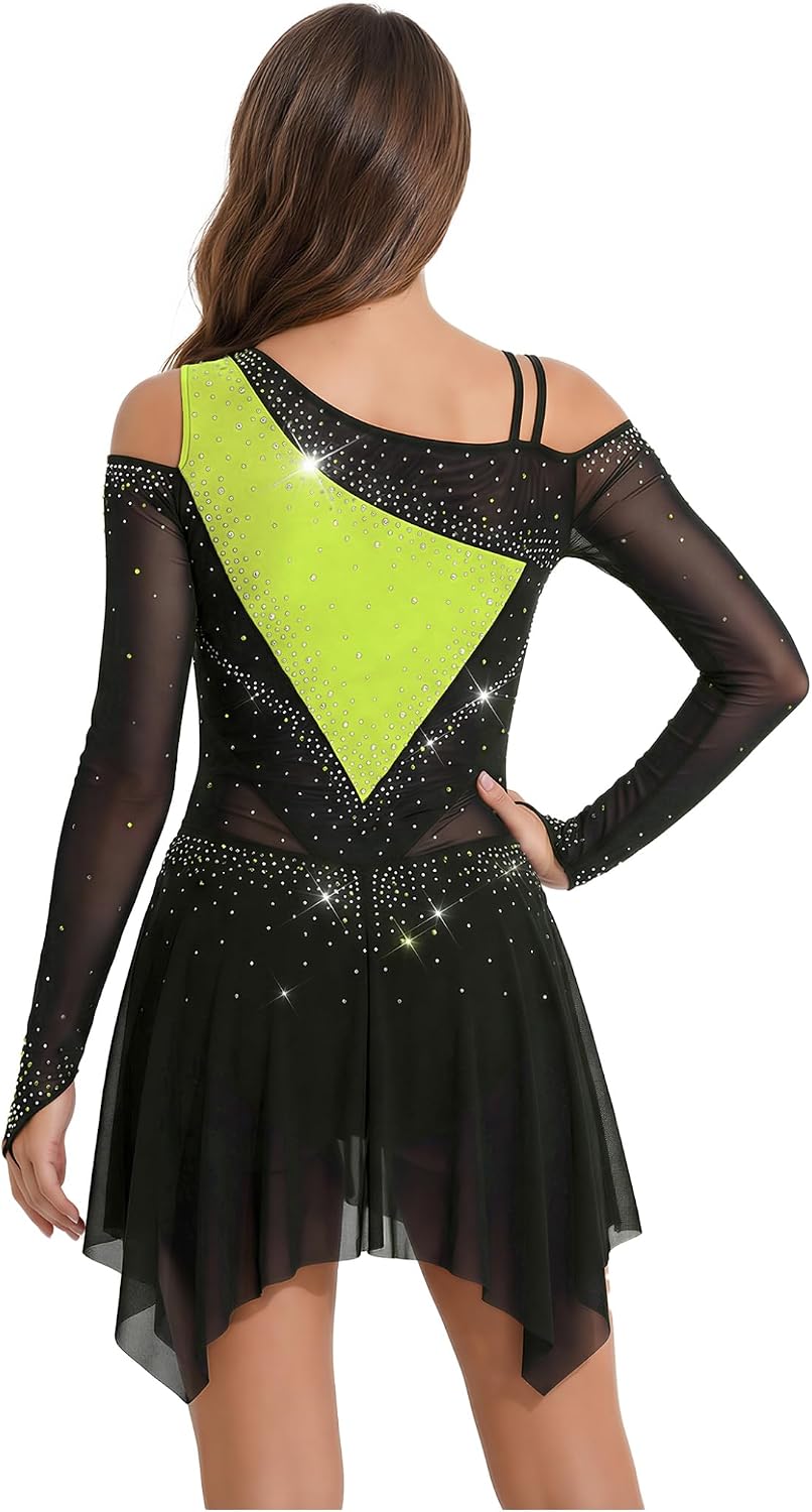 Women's Color Block Figure Skating Dress Asymmetrical Ice Skating Dance Performance Costume