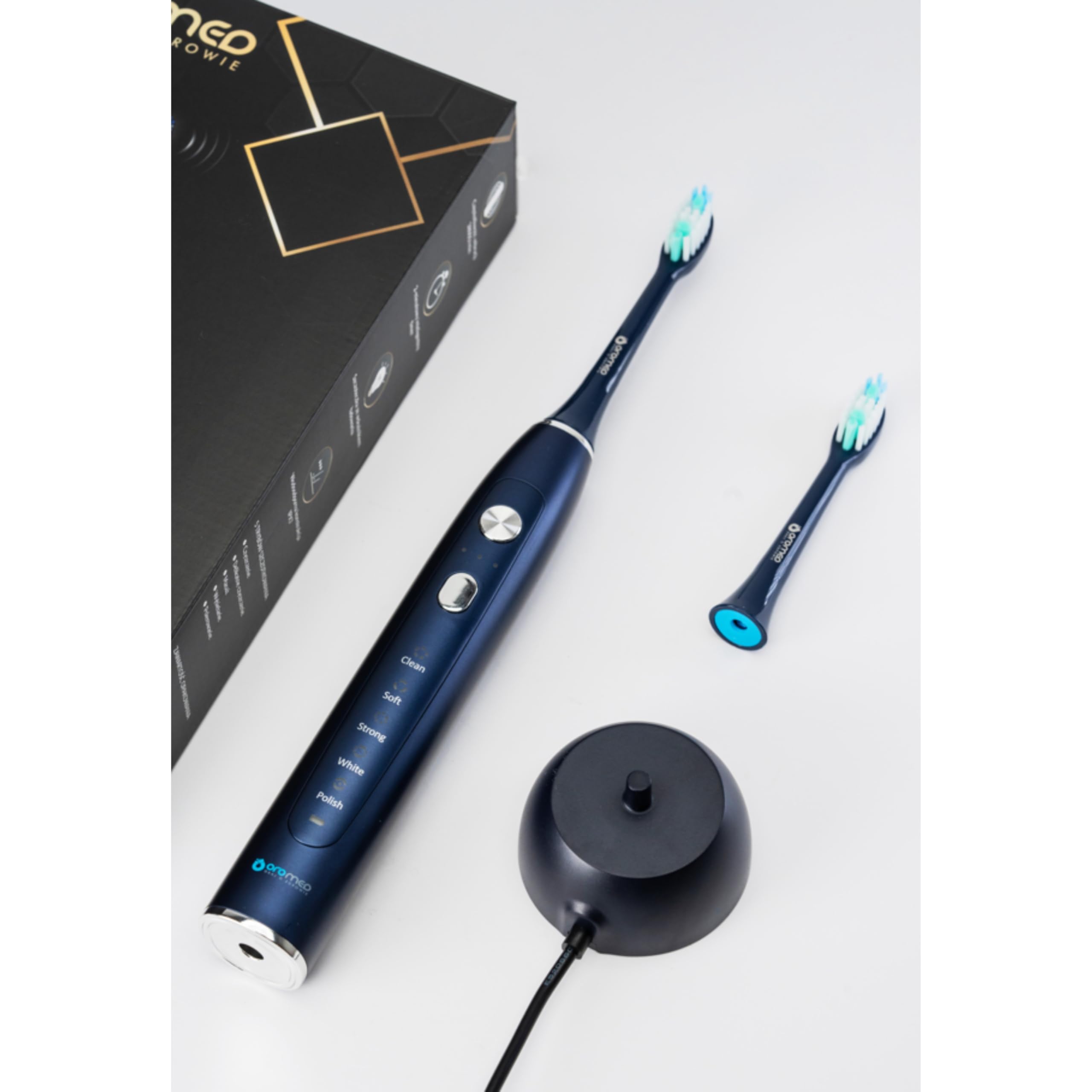 OROMED ORO-SONIC X PRO NAVY BLUE Schallzahnbürste, 38.000 Bewegungen/Min.,(5 Programme × 3 Intensitäten), Akku bis 40 Tage, Timer, USB-Induktionsladung, Marineblau