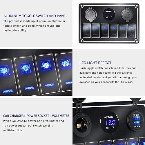 Miniatura 4 de Panel de interruptor de palanca impermeable de 6 cuadrillas 12V24V Panel de interruptor basculante de aluminio con cargador USB