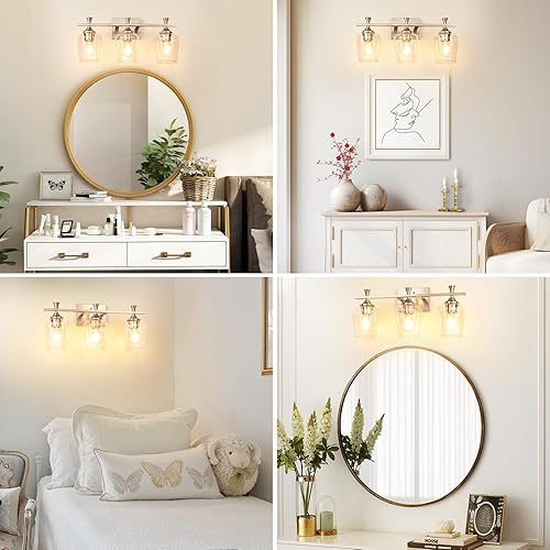 Miniatura 7 de Lámpara de tocador de baño de 3 luces, accesorios de iluminación de baño plateados sobre el espejo, apliques de pared modernos con pantalla de