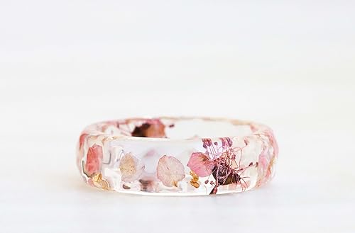 Miniatura 4 de Pink Blossom Ring, Elegant Faceted Resin Ring with Real Petals and Gold/Silver/Copper Flakes, Nature Inspired Jewelry, Holiday Gift