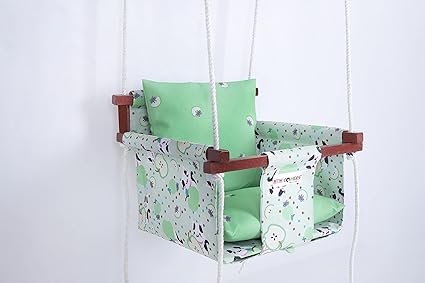 NEW COMERS Jute Swing For Kids | Jhula For Kids/Baby | Baby Swing Hanging Indoor Outdoor | Baby Garden Swing With 2 Pillows (6 Months To 4 Years, Up To 20 Kg)-Light Green-914, 25W x 177.8H Cm