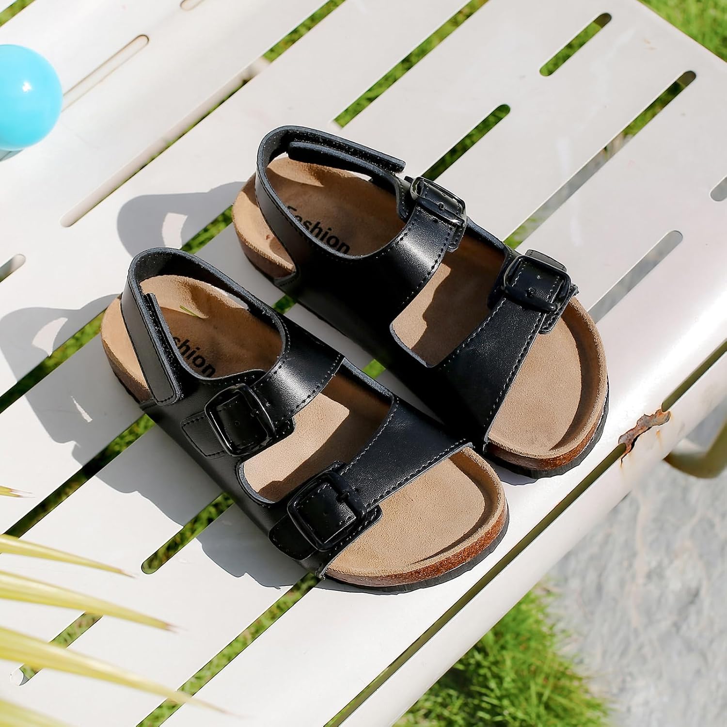 Kids Sandals Boys Girls Sandals with Back Strap Comfort Toddler Cork Footbed Leather Adjustable Double Buckle Slip On Slippers Slide Open Toe Summer Flats Dress Shoes