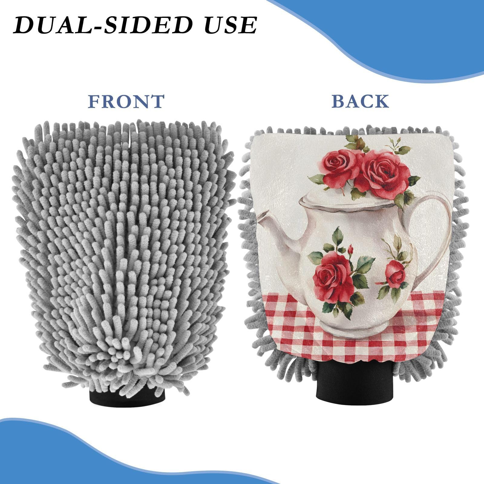 STAYTOP Elegant and Exquisite Teapot Pattern Car Wash Mitt Microfiber, 2Pcs Scratch Free Lint-Free, Premium Chenille Microfiber Mitt Car Wash Brush-L