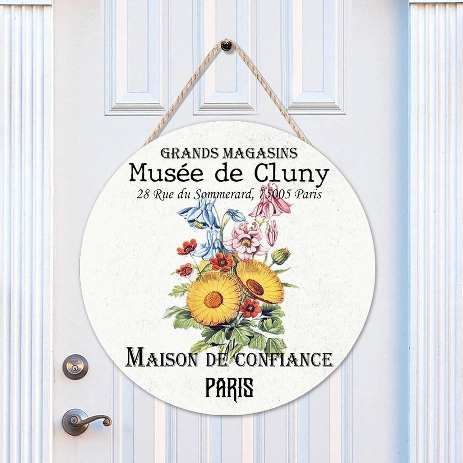 Floral Front Door Round Wood Sign, Vintage Flower Wood Door Sign, Old Paper Textures 16x16in Wall Hanging Sign Plaque for Front Door Entryway Porch Bar Pub Housewarming Gifts