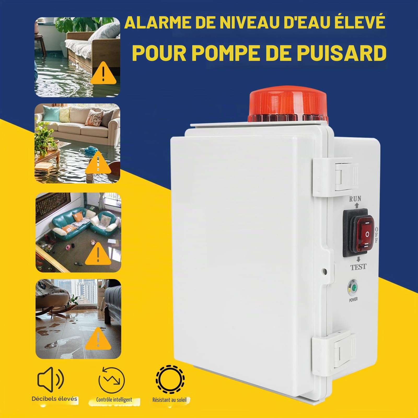 Alarme de pompe septique haute eau pompe de puisard d'alarme 110 dB panneau de commande de pompe avec interrupteur à flotteur, lumière clignotante lumineuse, boîtier étanche IP67, compatible avec