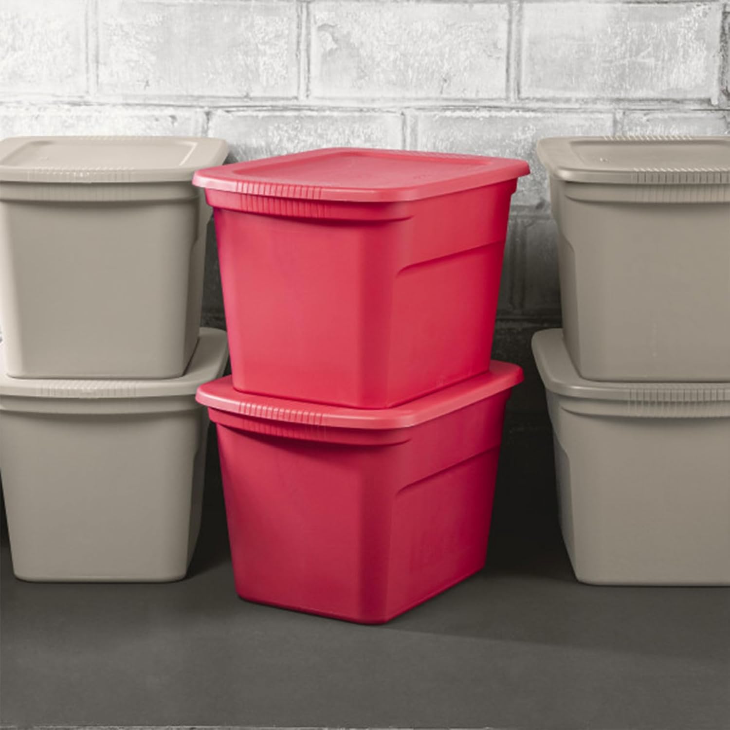 Sterilite 18 Gallon Plastic Stackable Storage Tote Container, Seasonal Home Decor, and Garage Organizer Bin with Lid, Red (8 Pack)