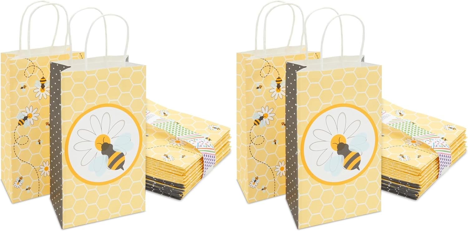 BLUE PANDA Bumble Bee Party Paper Gift Bags - 5.3 x 9 x 3.1 In, 48 Pack, Yellow - Gift Bags with Handles for Bee Party & Baby Shower Favors - Kraft Paper Honeycomb Floral Design