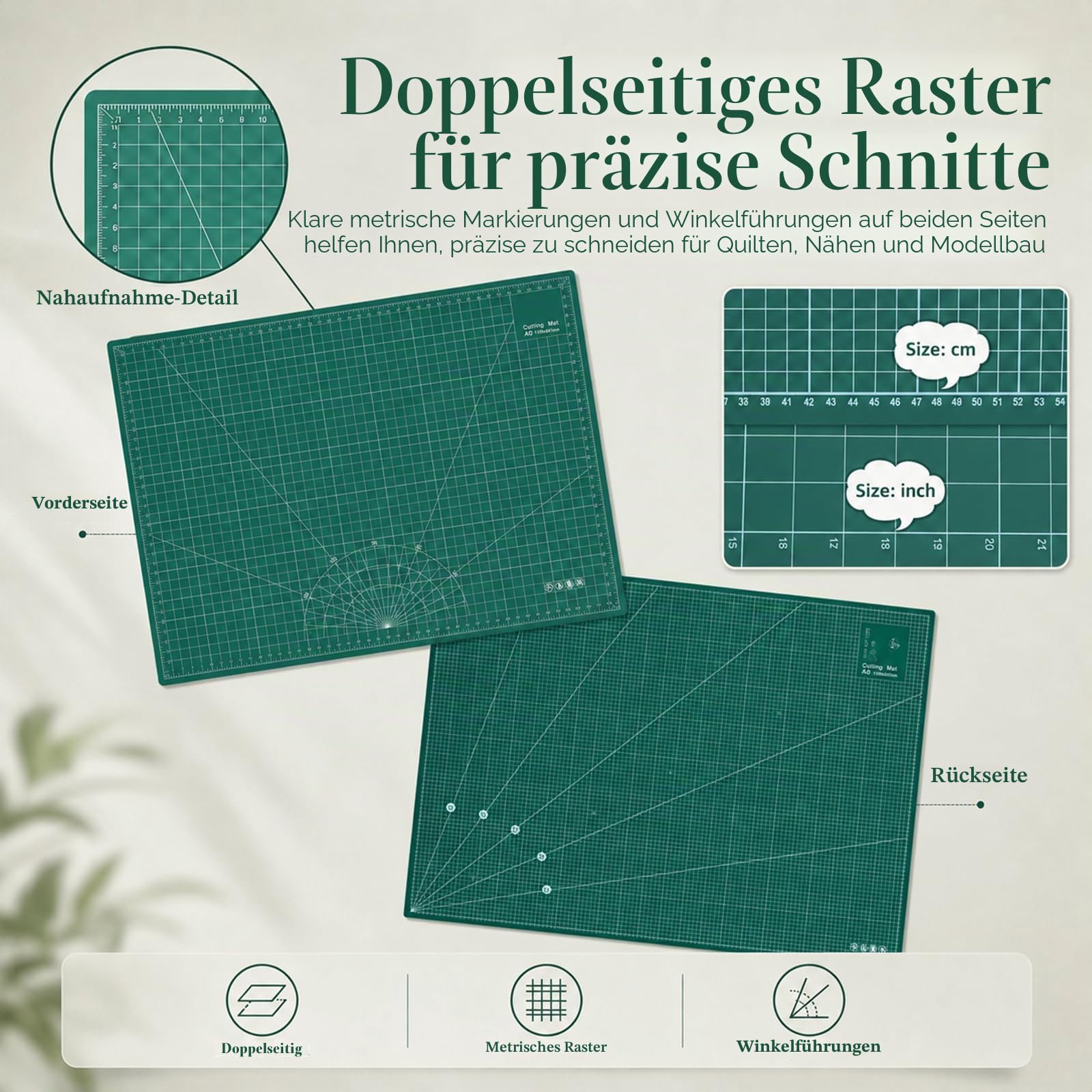 NCONCO Schneidematte A0 90x120 cm Grün – Selbstheilende Cutting Mat A0, 5-lagig & schnittfest, beidseitig Bedruckt, extra große Bastelunterlage & Schneideunterlage für Nähen, Patchwork, Modellbau