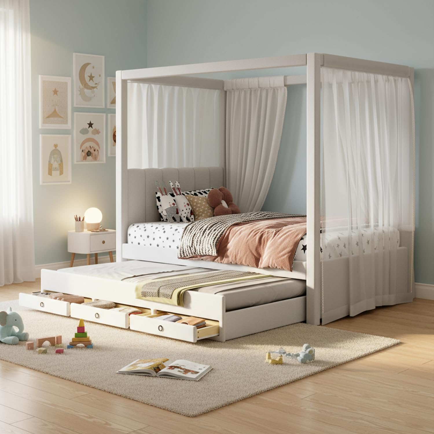 Twin Size Canopy Bed with Trundle and 3 Storage Drawers, Modern Upholstery Canopy Platform Bed with Backrest and Wood Slat Support, Beige Wood Canopy Bed for Kids Teens Adults (Twin)