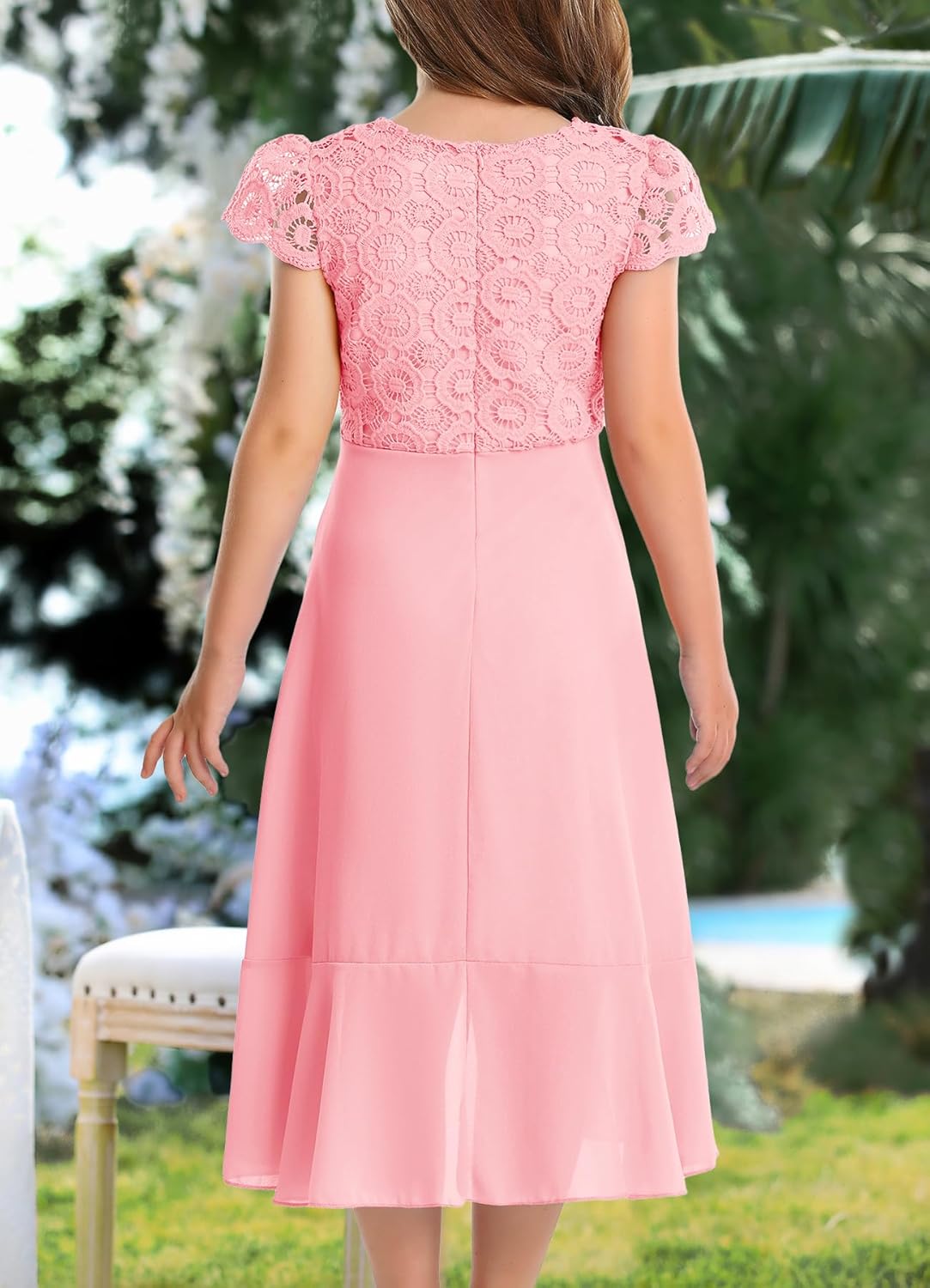 HOSIKA Girls Vintage Lace Chiffon Ruffle Sleeve A-Line Wedding Party Junior Bridesmaid Dress for Kids 6-12 Years - Image 5