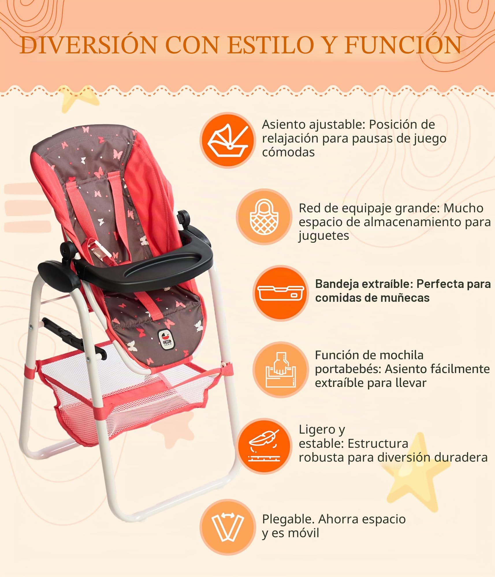 Bayer Chic 2000 - Trona para muñecas, Trona para muñecas, Muebles de muñecas, Accesorios para muñecas, Gris Melange, Rosa, pequeño