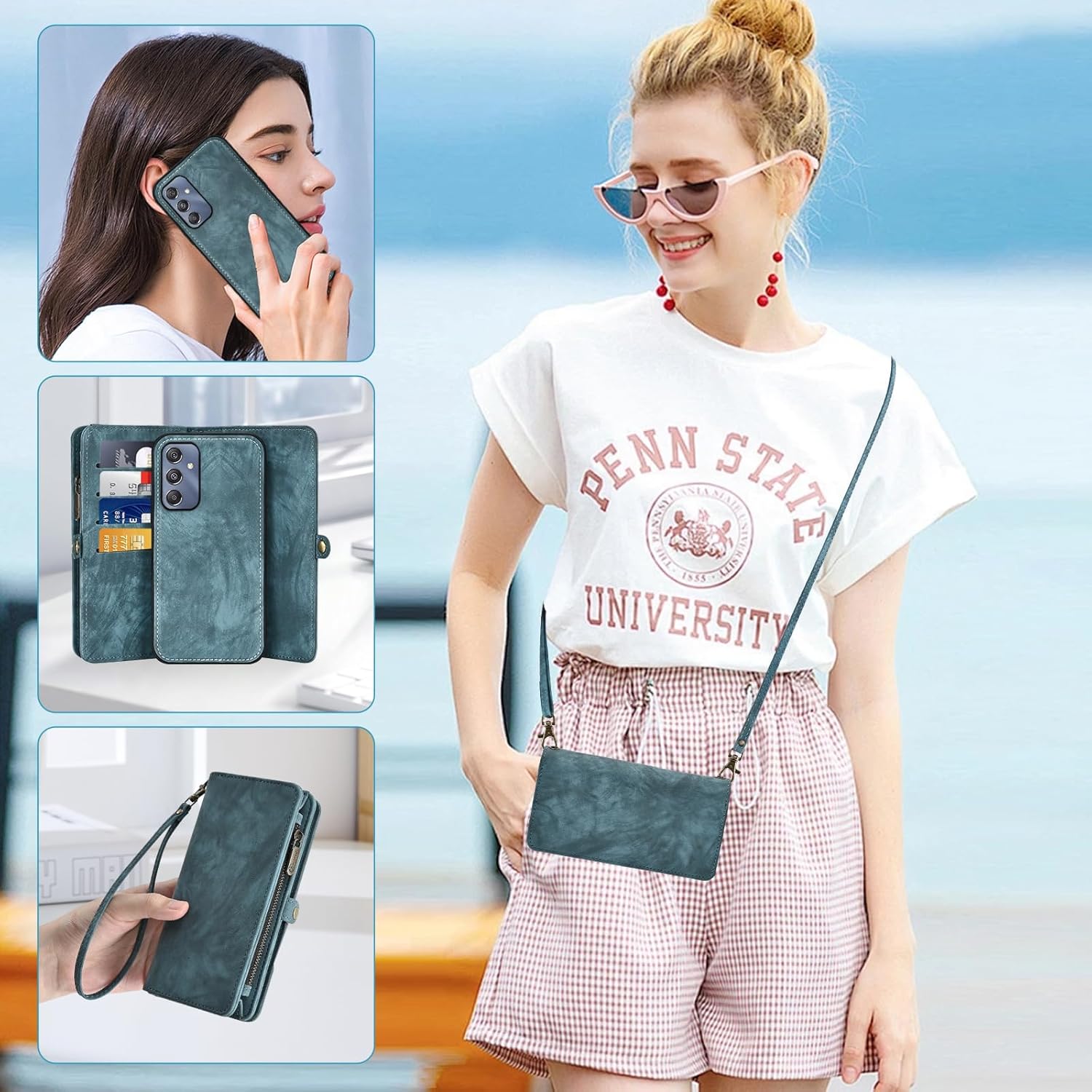 Asuwish Phone Case for Samsung Galaxy A25 5G Zipper Wallet Magnetic Detachable Cell Cover with Tempered Glass Screen Protector Crossbody Lanyard Strap Flip Card Holder A 25 25A SM-A256U Women Men Blue