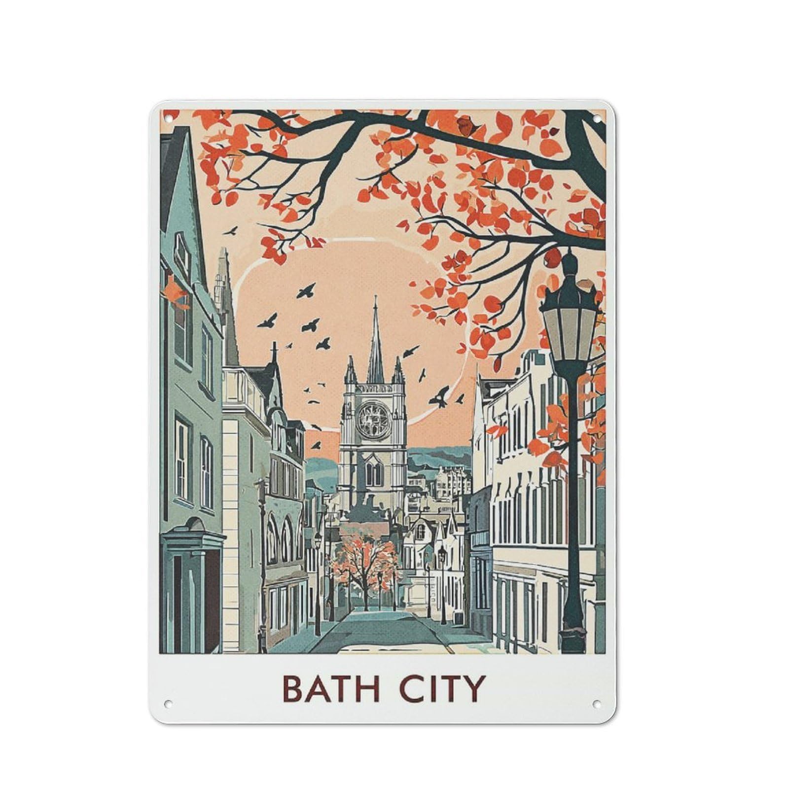 Junmoney Style-11 Metal Wall Plaque With Bath Cityscape Illustration Design 40X30cm, Simple Retro Studio Wall Plaque For Hobby Room, Office, Lounge Or Living Room