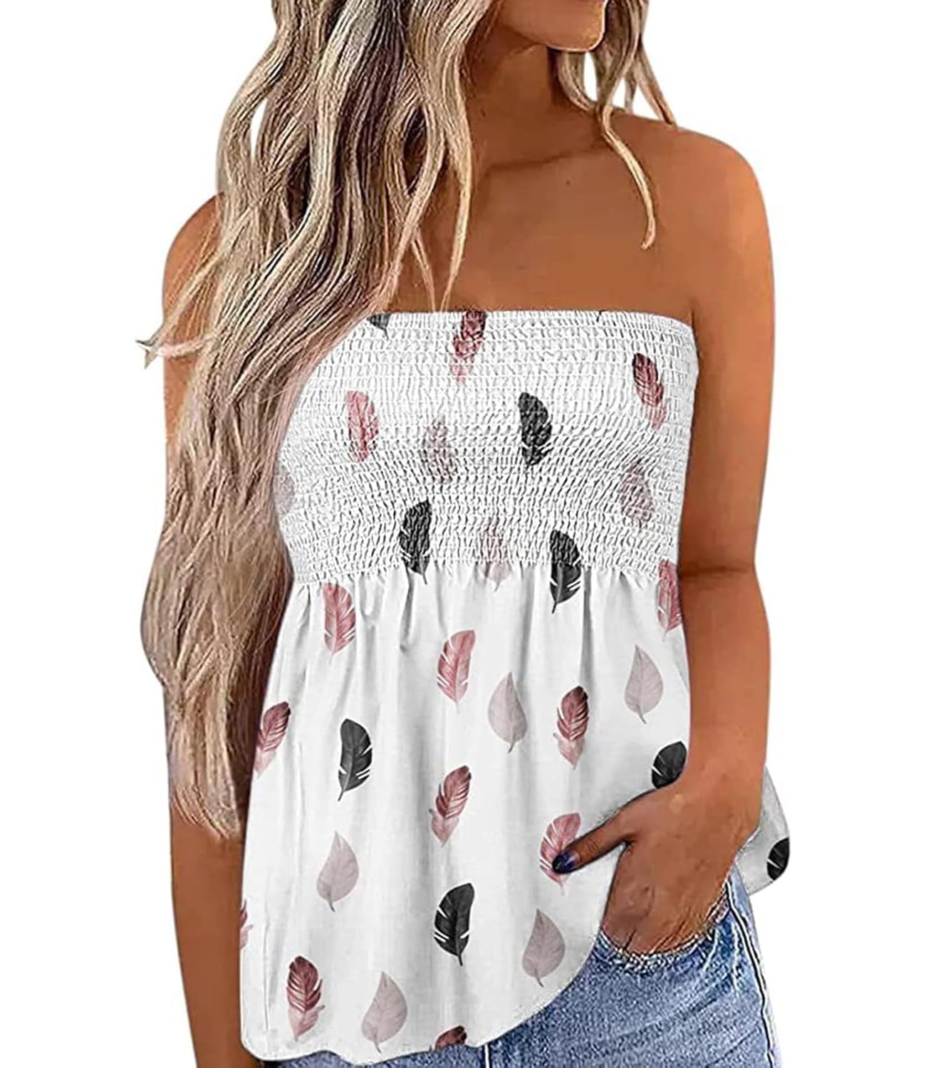 SZSMFZ Womens Smocked Strapless Bandeau Tank Tops Floral Tube Tops Backless Bandeau Tunic Tops Sleeveless Shirts