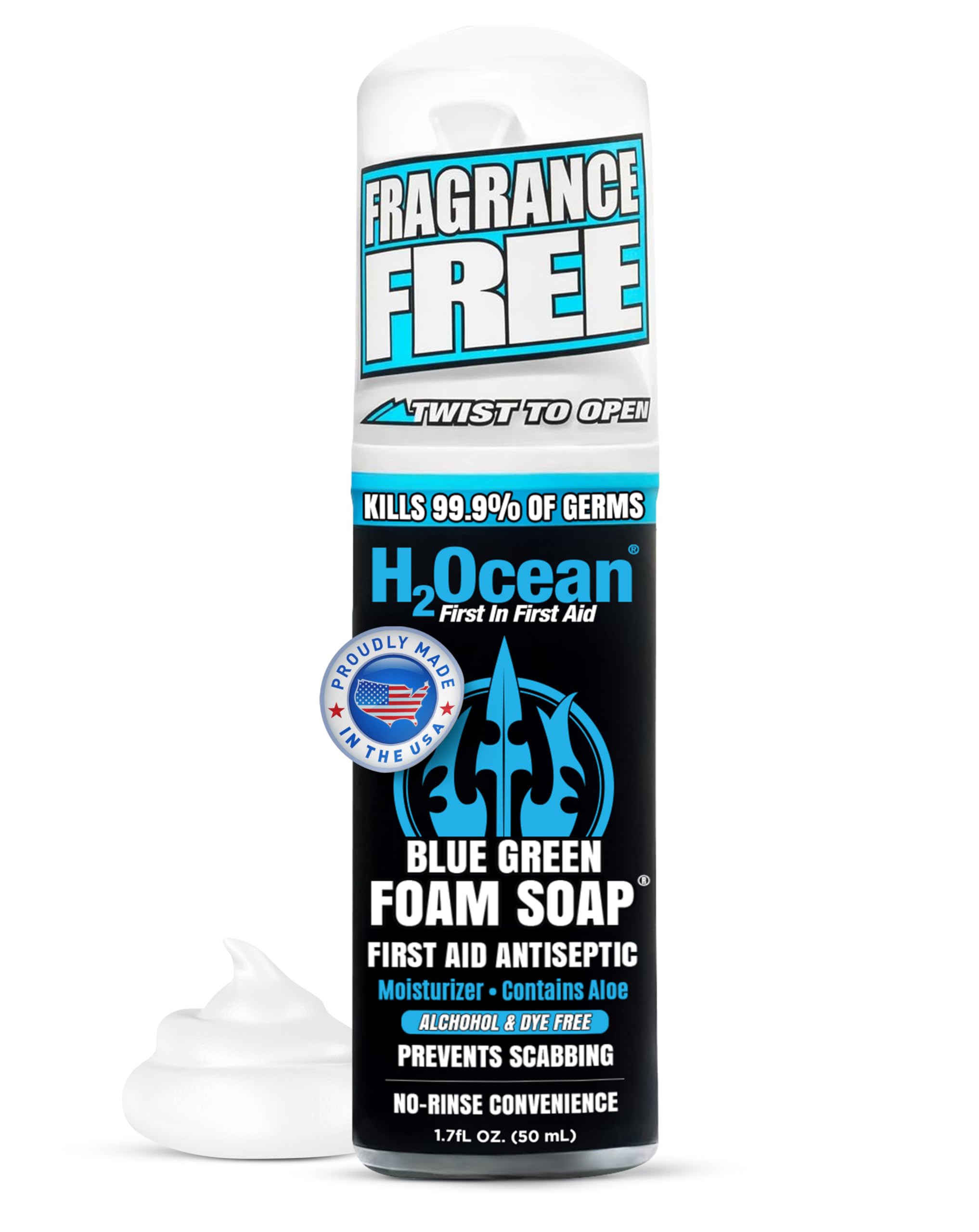 H2Ocean Blue Green Foam Soap - Foam Antibacterial Aftercare - Tattoo Care with Aloe Vera - Travel-Size Tattoo Moisturizer Soap - 1.7 oz