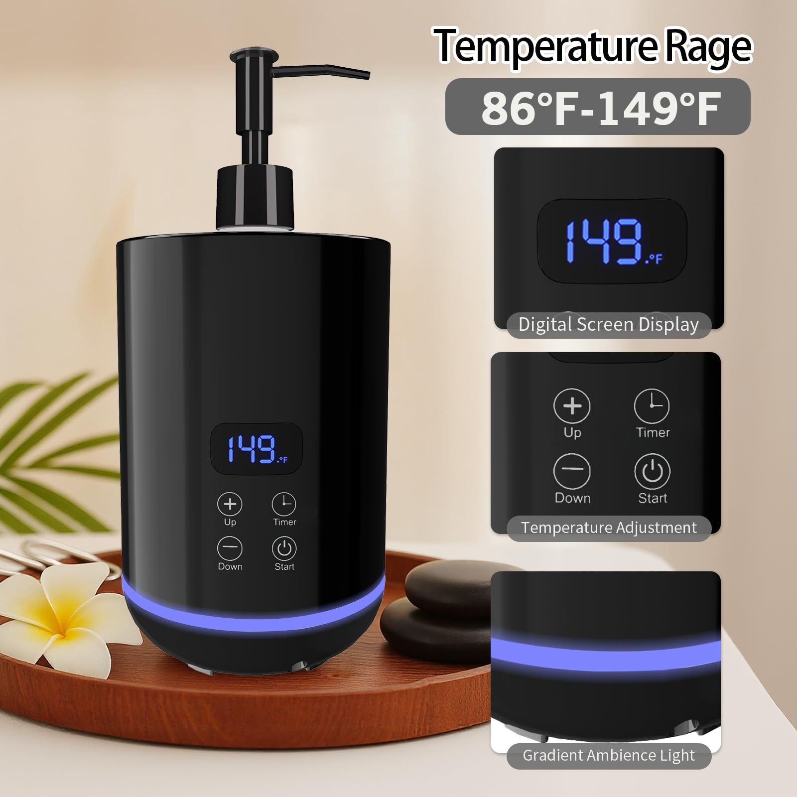 Chauffe huile de massage professionnelle iklestar avec éclairage d'ambiance et flacons distributeurs, appareil chauffant pour crème corporelle avec rouleau Gua Sha, Noir