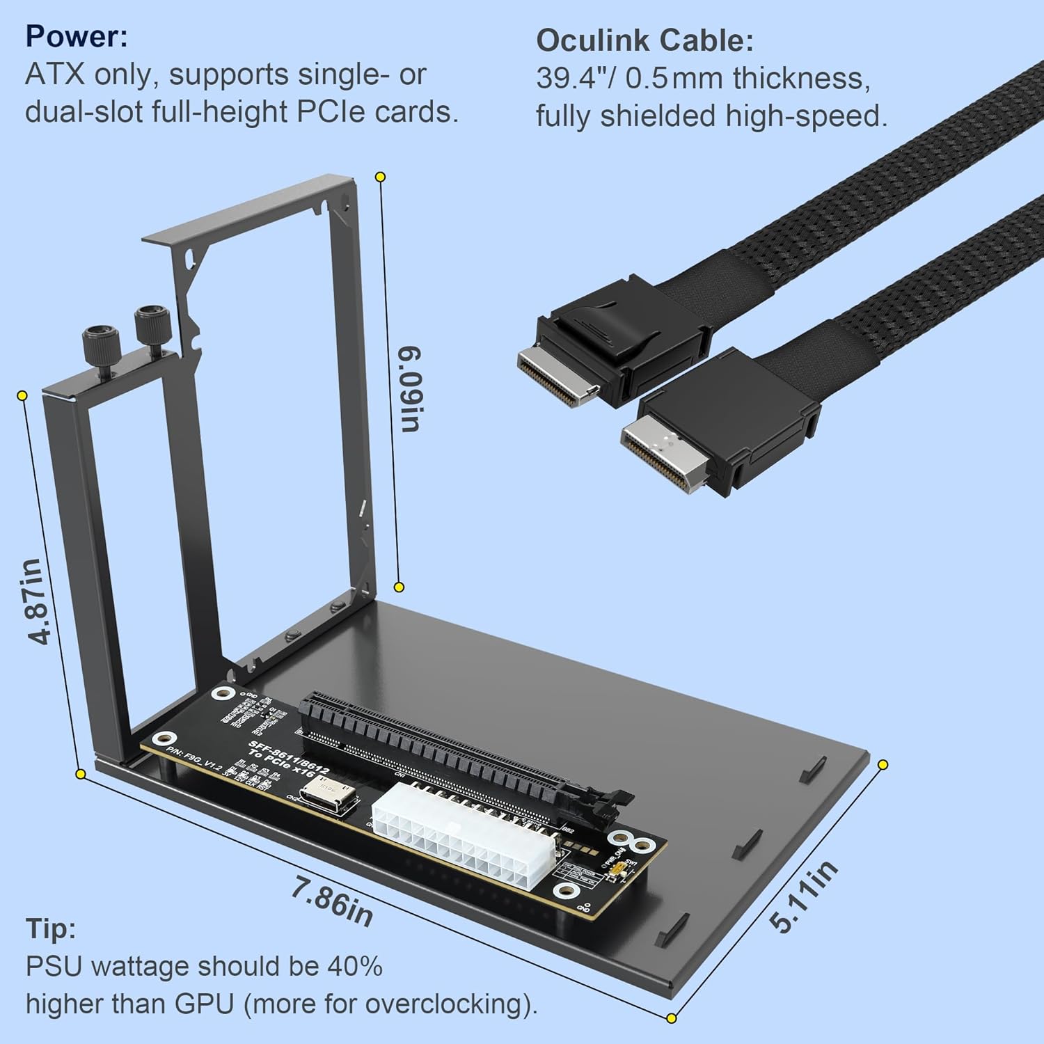 PCIe 4.0 x4 64Gbps eGPU Dock with 39.4in SFF-8611 OCuLink Cable, OCuLink SFF-8612 8311 to PCIe x16 External GPU Dock for Laptop & Mini PC, External gpu Enclosure Supports External Graphics Card