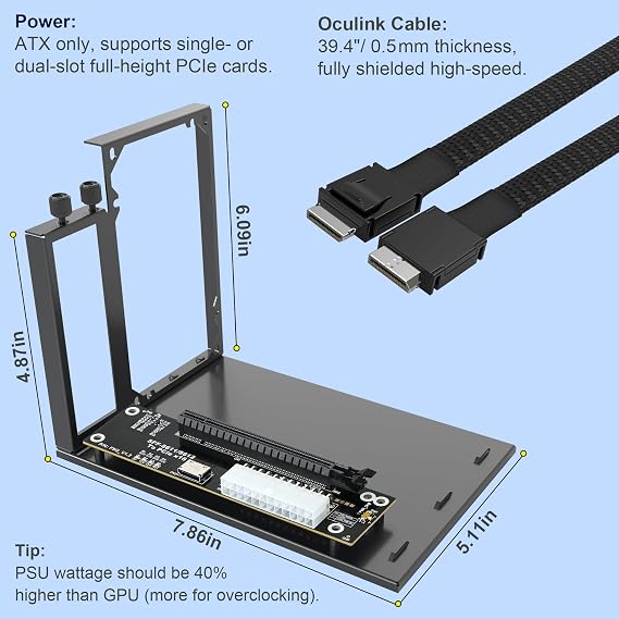 PCIe 4.0 x4 64Gbps eGPU Dock with 39.4in SFF-8611 OCuLink Cable, OCuLink SFF-8612 8311 to PCIe x16 External GPU Dock for Laptop & Mini PC, External gpu Enclosure Supports External Graphics Card