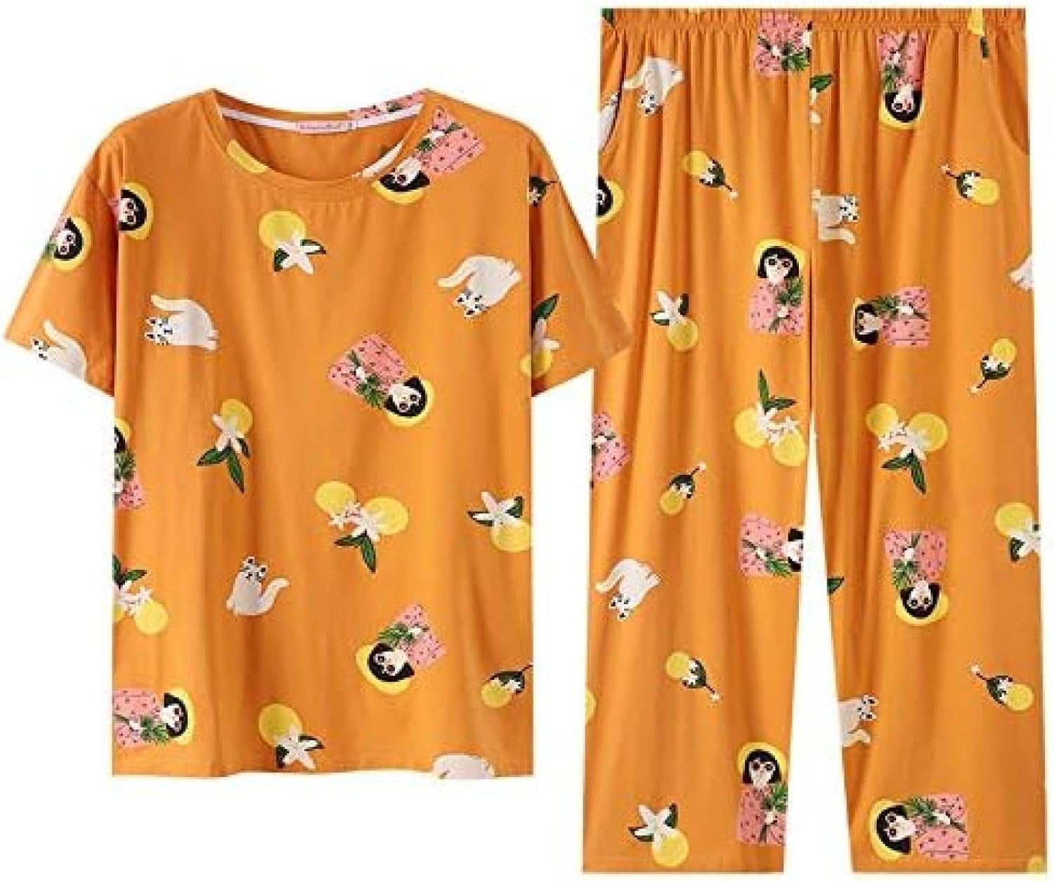 綿パジャマ女性の夏 5Xl 半袖 9 ポイント パンツ プラス脂肪ルーズ ホーム サービス,オレンジ,4XL