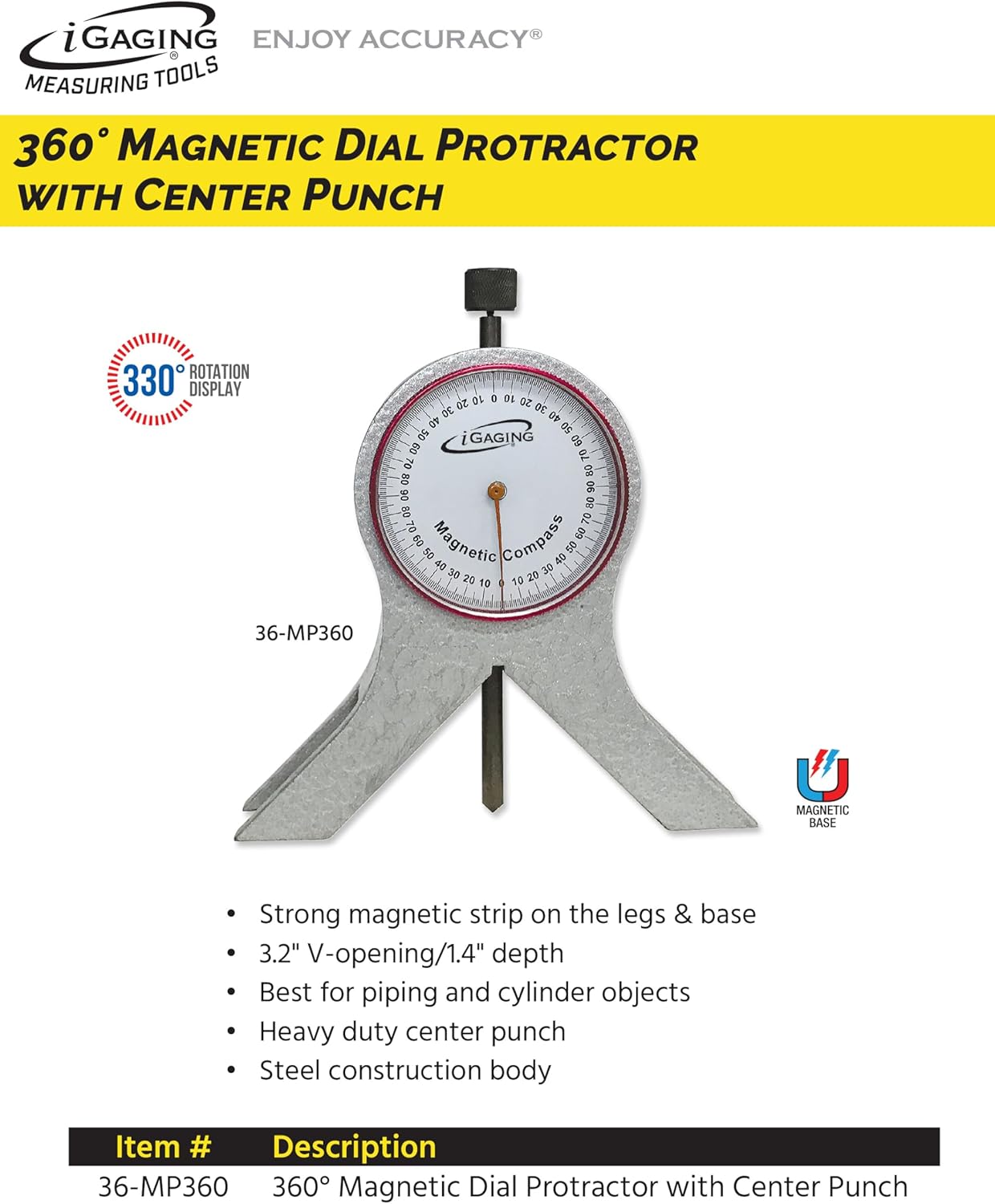 iGAGING Dial Protractor with Center Punch w/Magnetic Base, Soild Steel Body & Punch, 90°x4 (360°), w/Case, #36-MP360