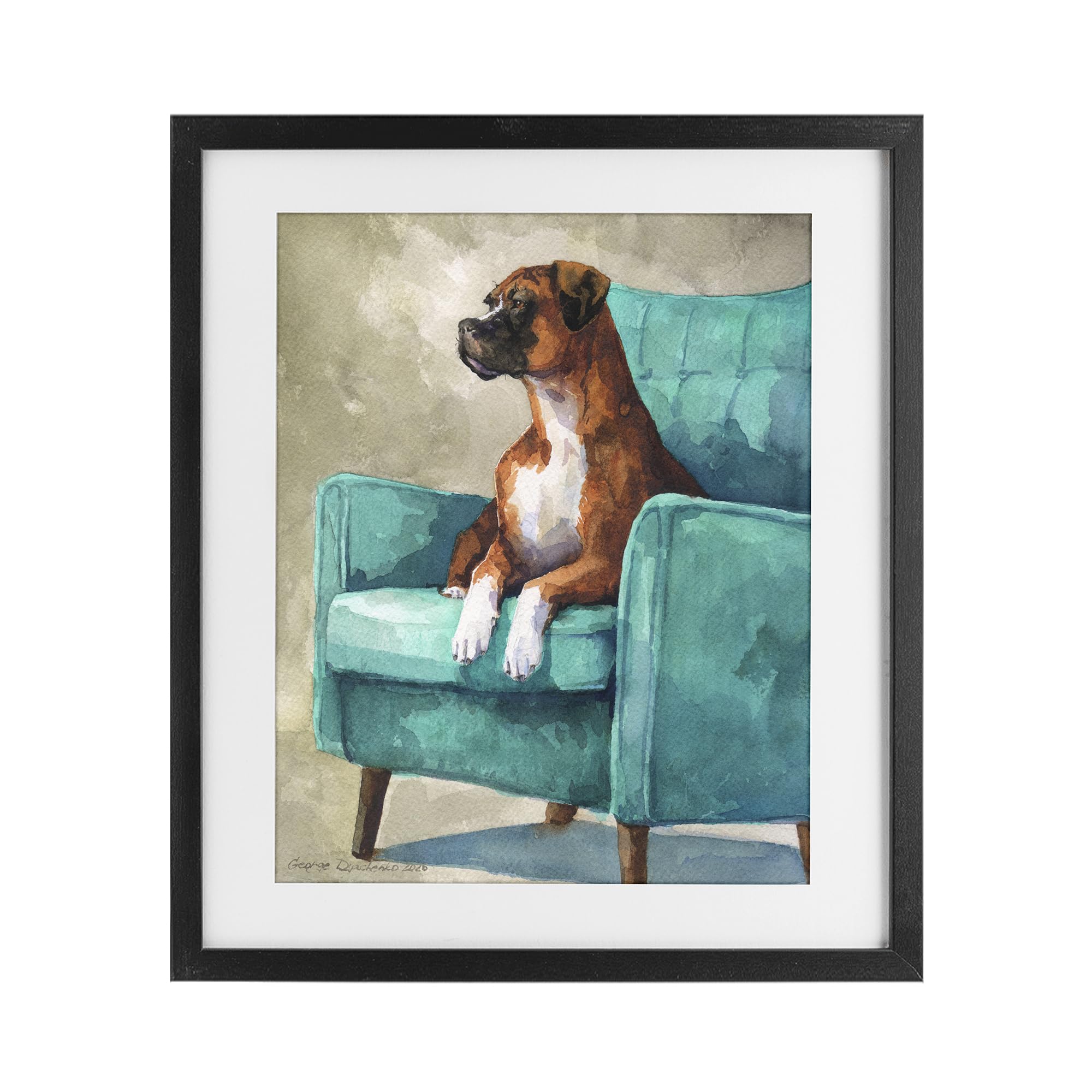 Stupell Industries 'Majesty Boxer on Armchair', Framed Print Under Glass, Black, 17 x 21 Inches, Easy to Hang and Sturdy, Made in USA, by George Dyachenko