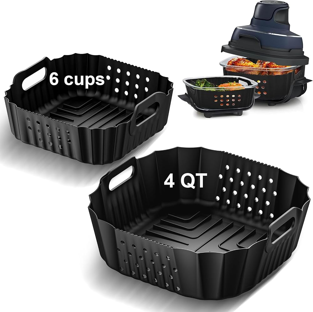 Air Fryer Silicone Liners for Ninja Crispi FN101GY/FN101SG/FN101ST Reusable | Big Liner for 4 QT Glass Container & Small Liner for 6 Cups Glass Container, 2 Pcs Reusable Non-Stick Basket Accessories