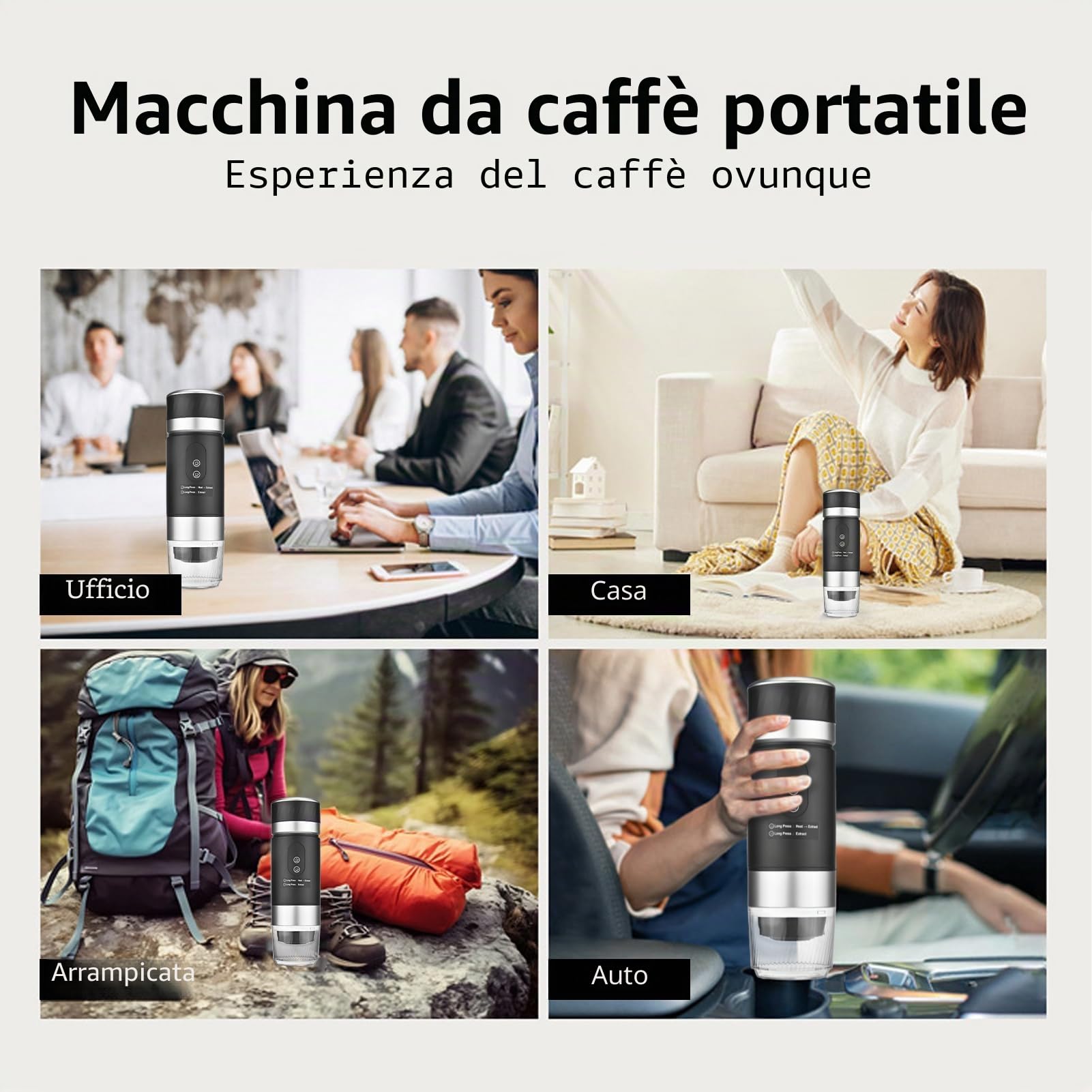 Macchina per caffè espresso elettrica portatile, Macchina da caffè 3 in 1, Compatibile con Piccole Capsule, Grandi Capsule e Caffè macinato, per viaggi, campeggio e auto(Nero)