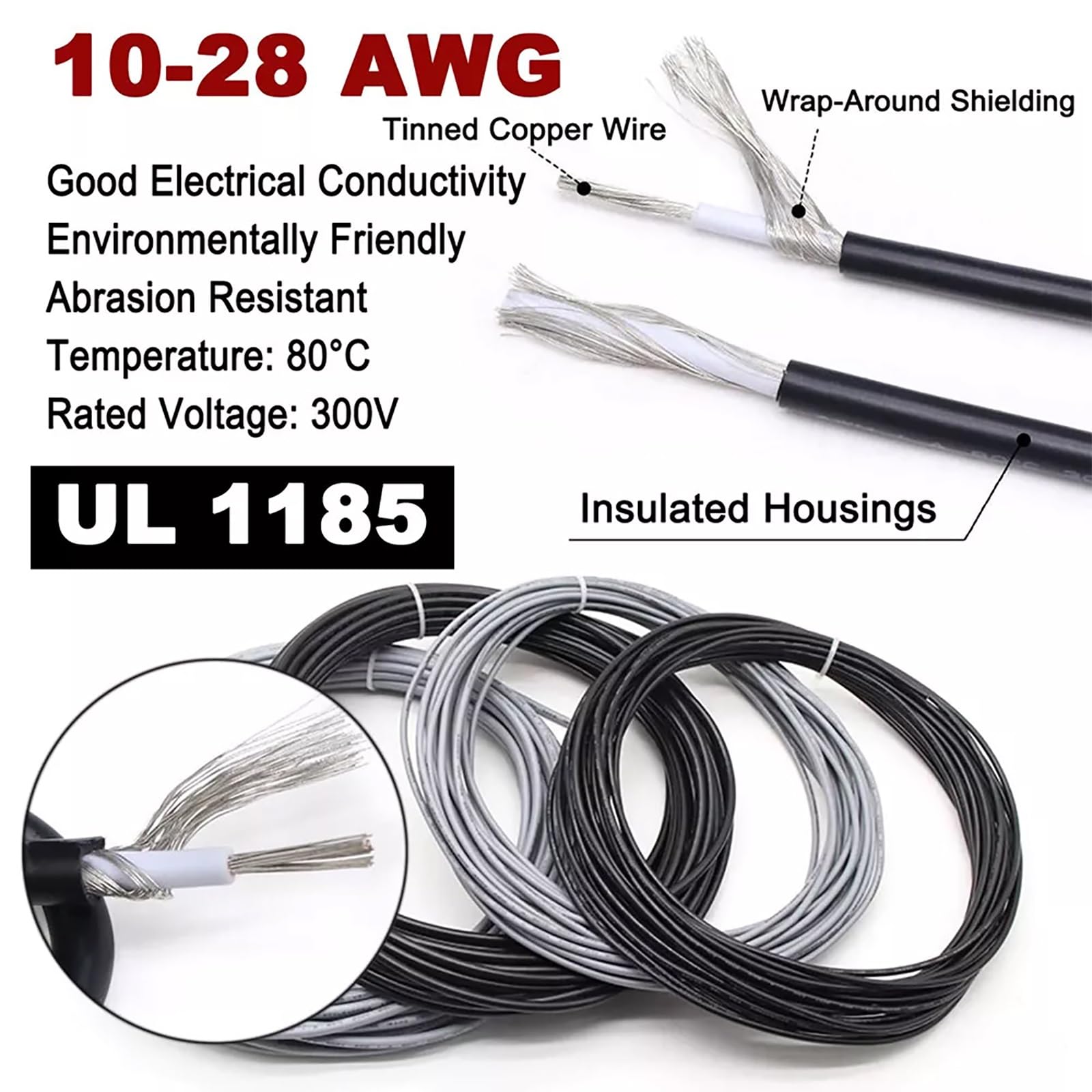 Cavo Unipolare Schermato 16-28 AWG 30A 200 Piedi, Rame Stagnato, Flessibile, Isolato In PVC, Per Progetti Elettrici, Controllo E Sicurezza(100ft,28AWG)
