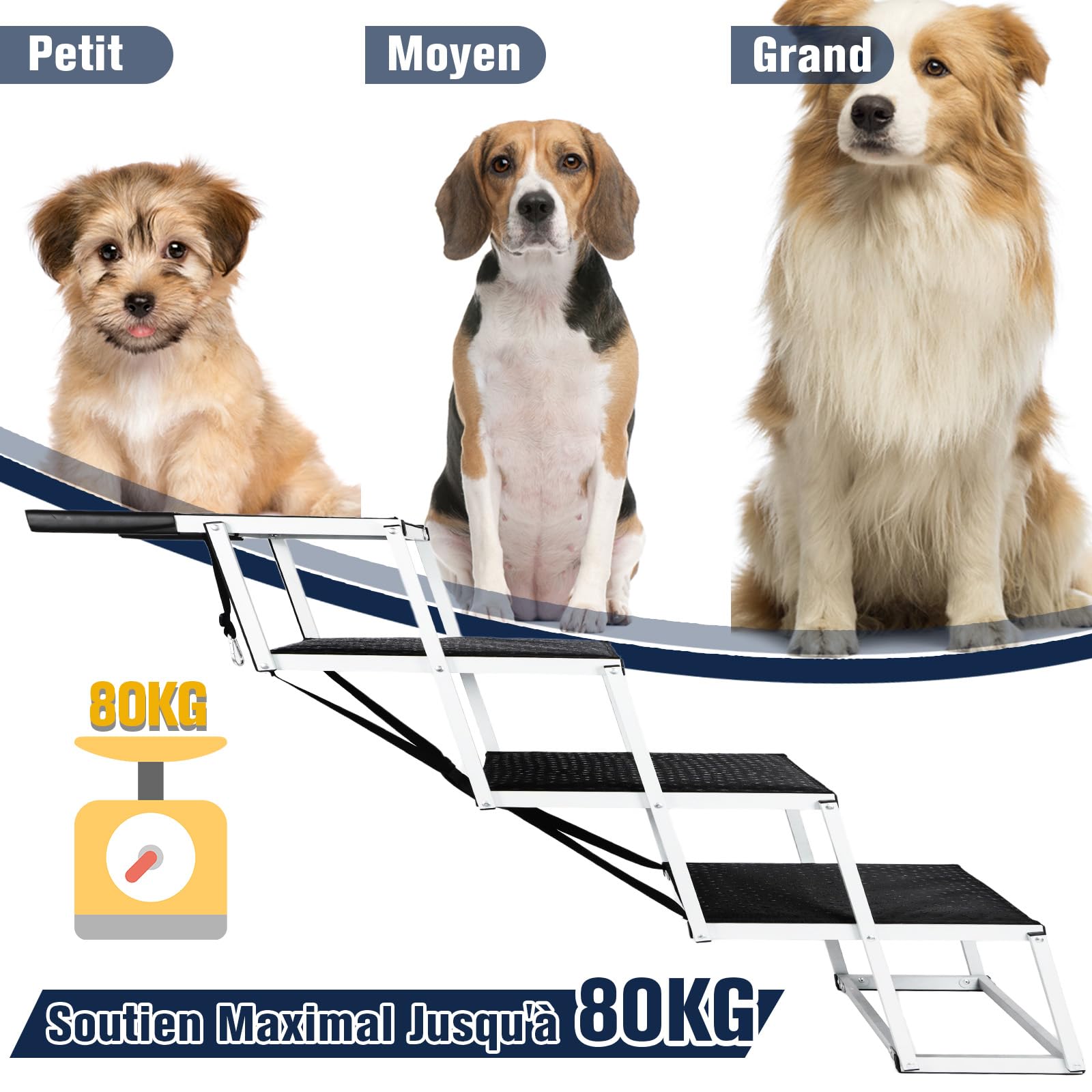Escalier de Voiture Pliable pour Grands Chiens, Rampe d'escalier pour Chien avec Surface Antidérapante，Rampes Légères pour Chien pour Voiture et SUV pour Chiens Jusqu'à 80kg